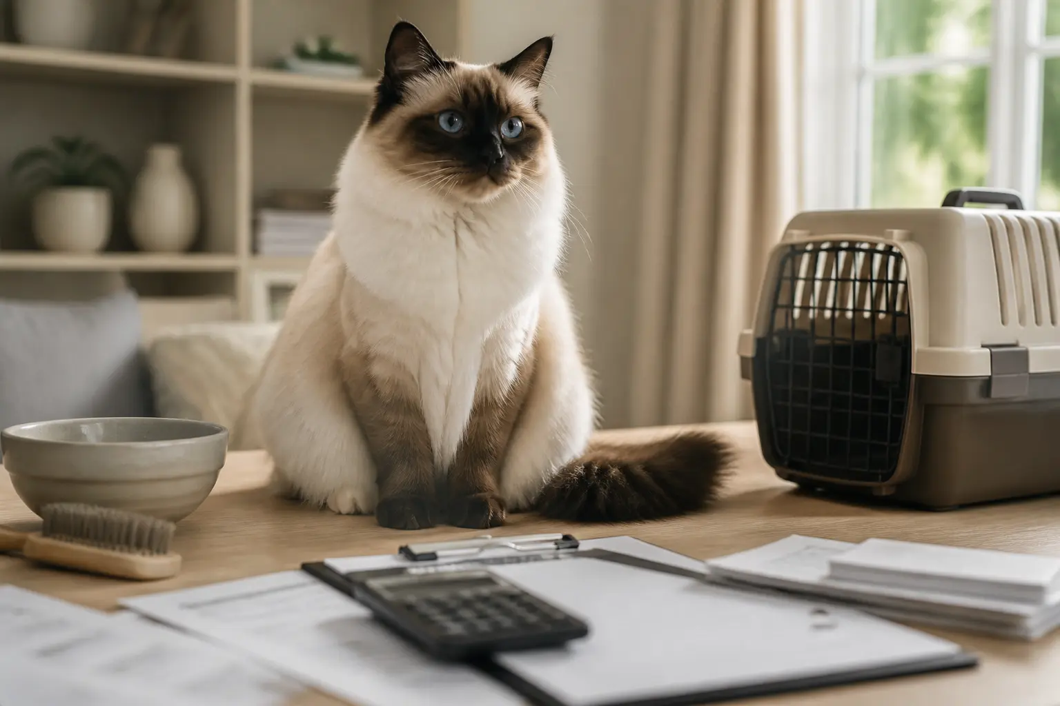 Sacré de Birmanie prix : chat élégant près d’un bureau avec documents, calculatrice et accessoires d’adoption, ambiance cosy.