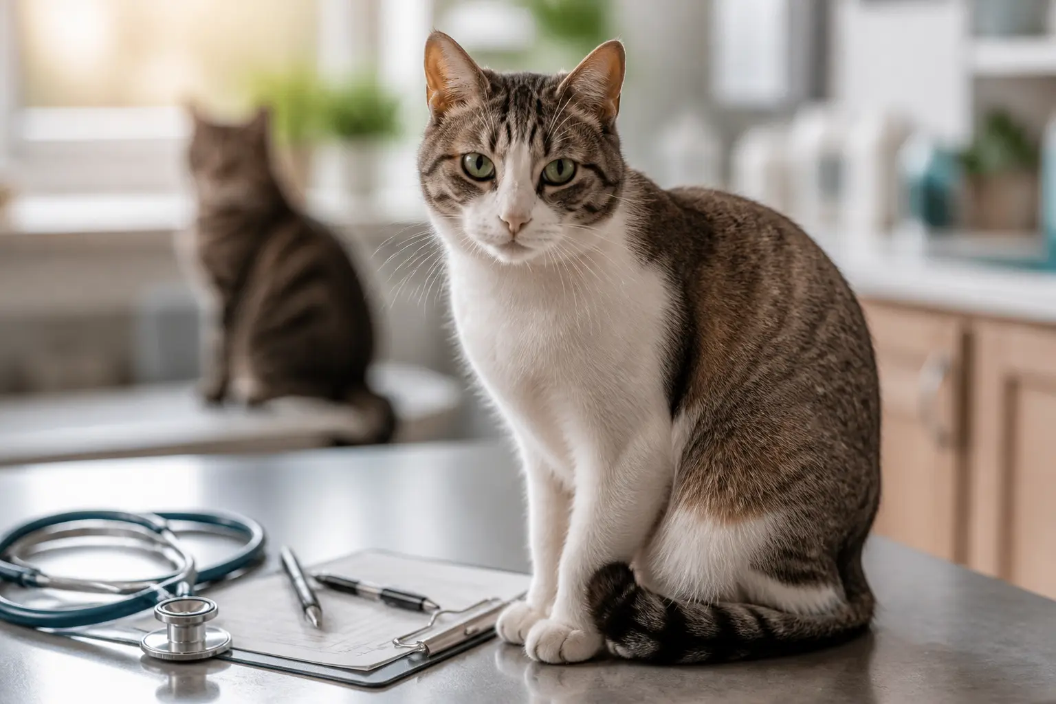 Chat adulte en clinique vétérinaire, avec stéthoscope et second chat flou, illustrant le sida du chat