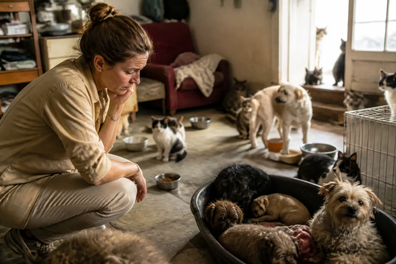 Syndrome de noé : travailleur social inquiet dans un appartement encombré avec de nombreux chats et chiens négligés
