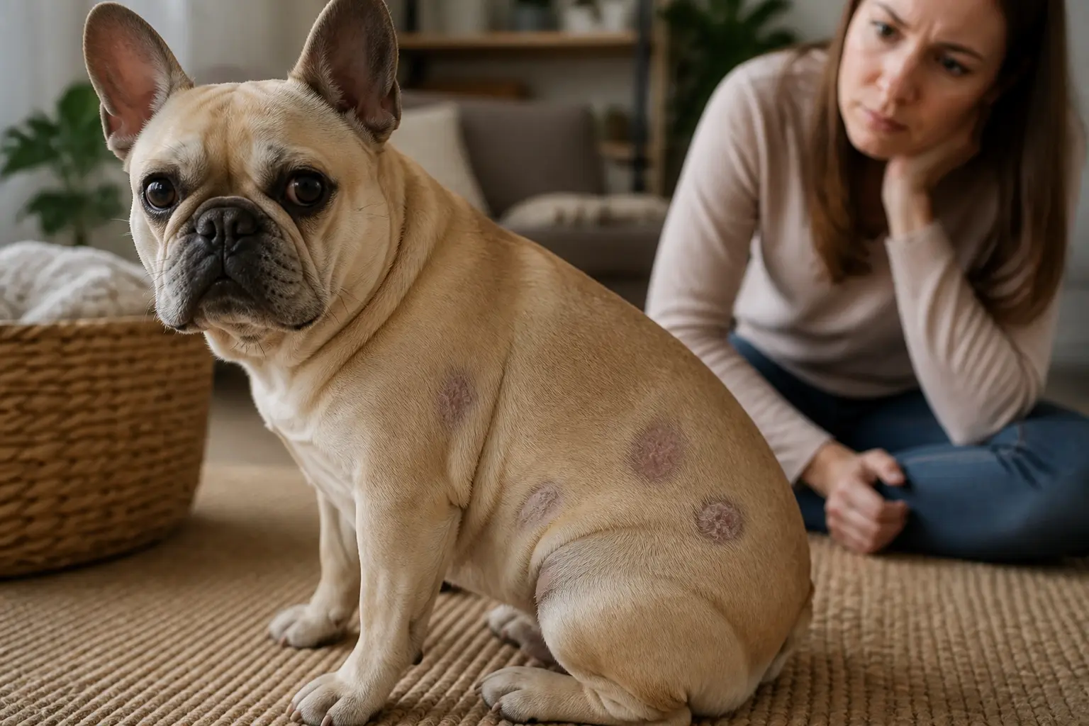 Teigne du chien chez un chien calme dans un intérieur chaleureux, avec zones de poils clairsemés et peau squameuse.