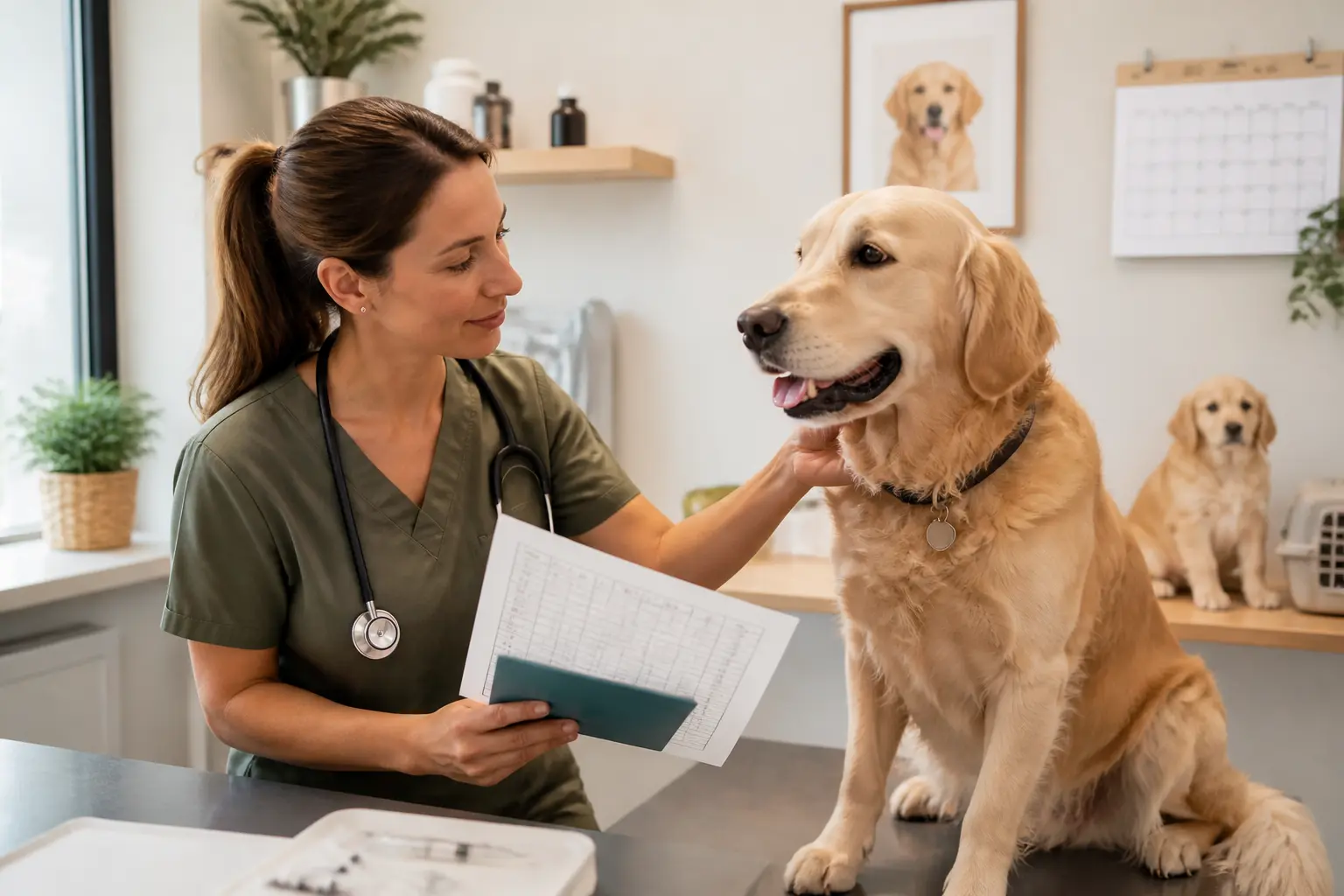Vétérinaire en clinique examinant un chien pour vacciner un chien, avec carnet de santé et chiot en arrière-plan.