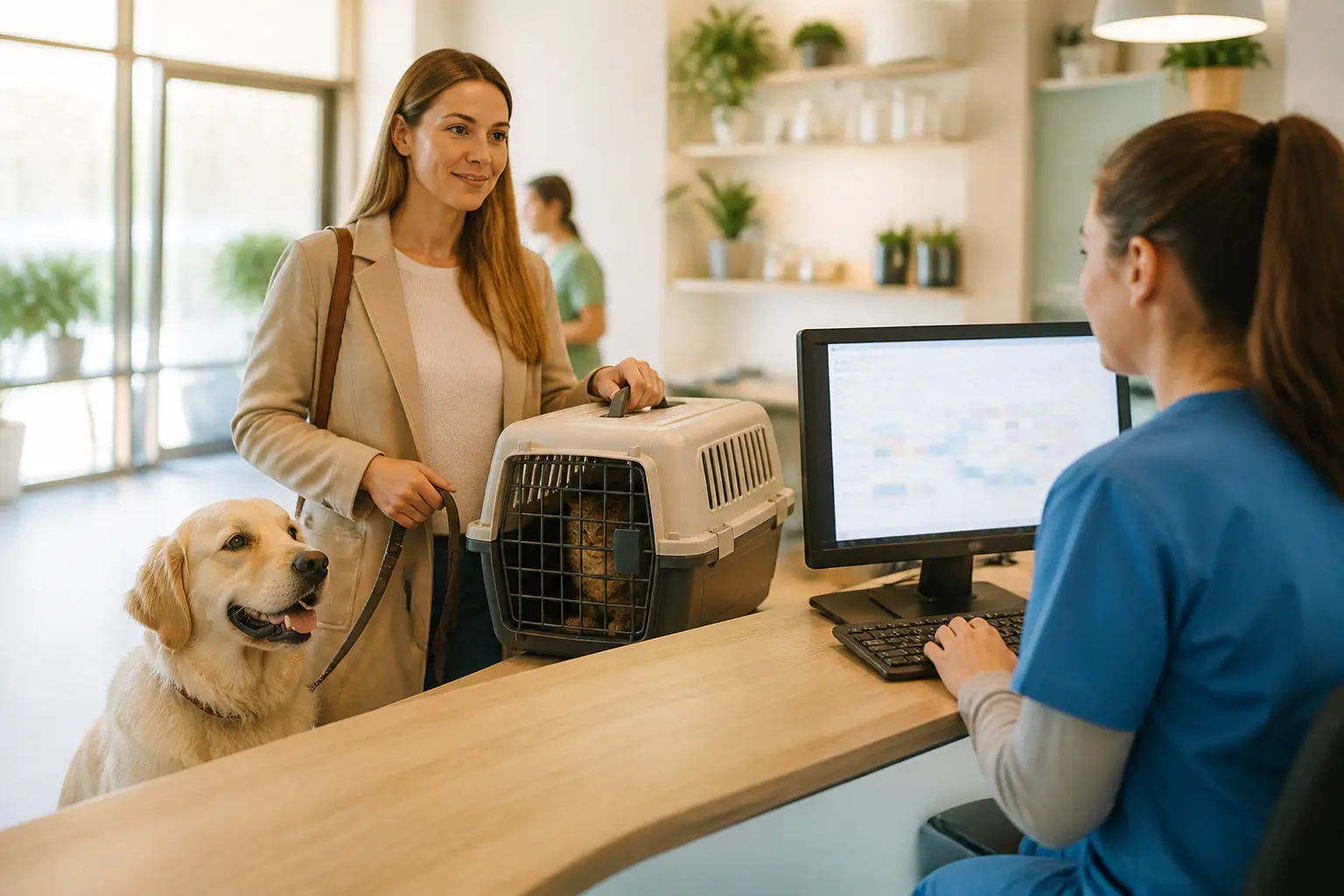 Accueil d’une clinique vétérinaire avec vetolib, propriétaire avec chien et chat, vétérinaire au comptoir, ambiance rassurante.