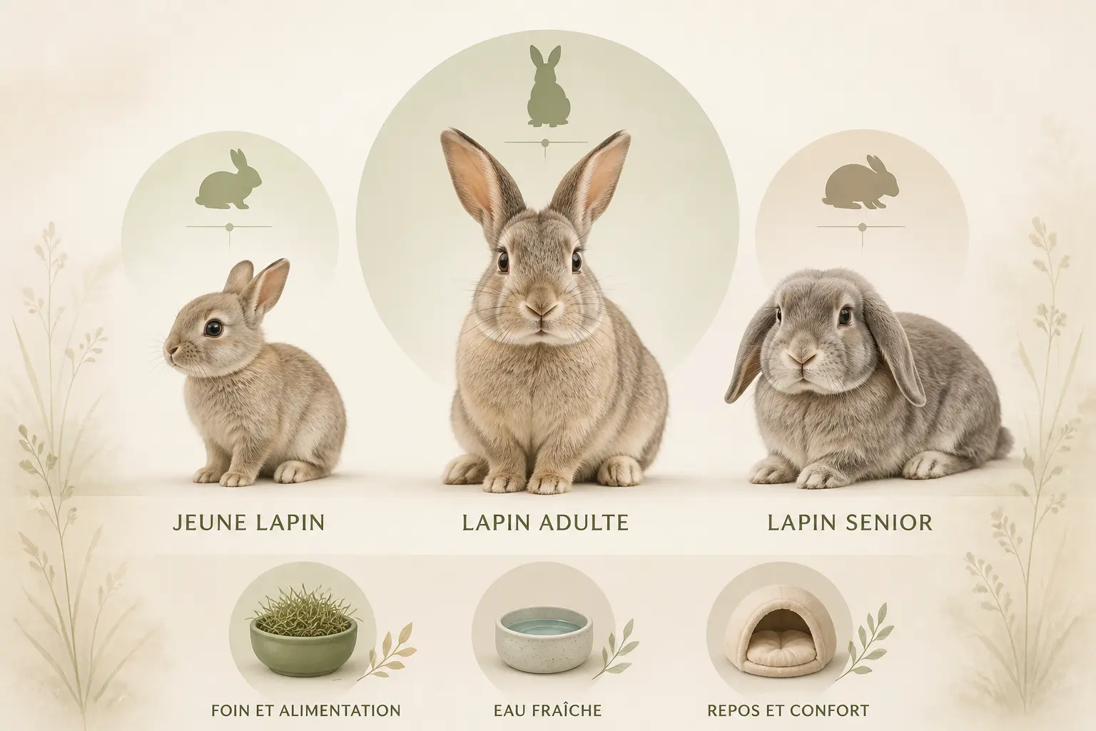 Infographie minimaliste sur l’age lapin en humain, avec lapin jeune, adulte et senior, et repères de soins.