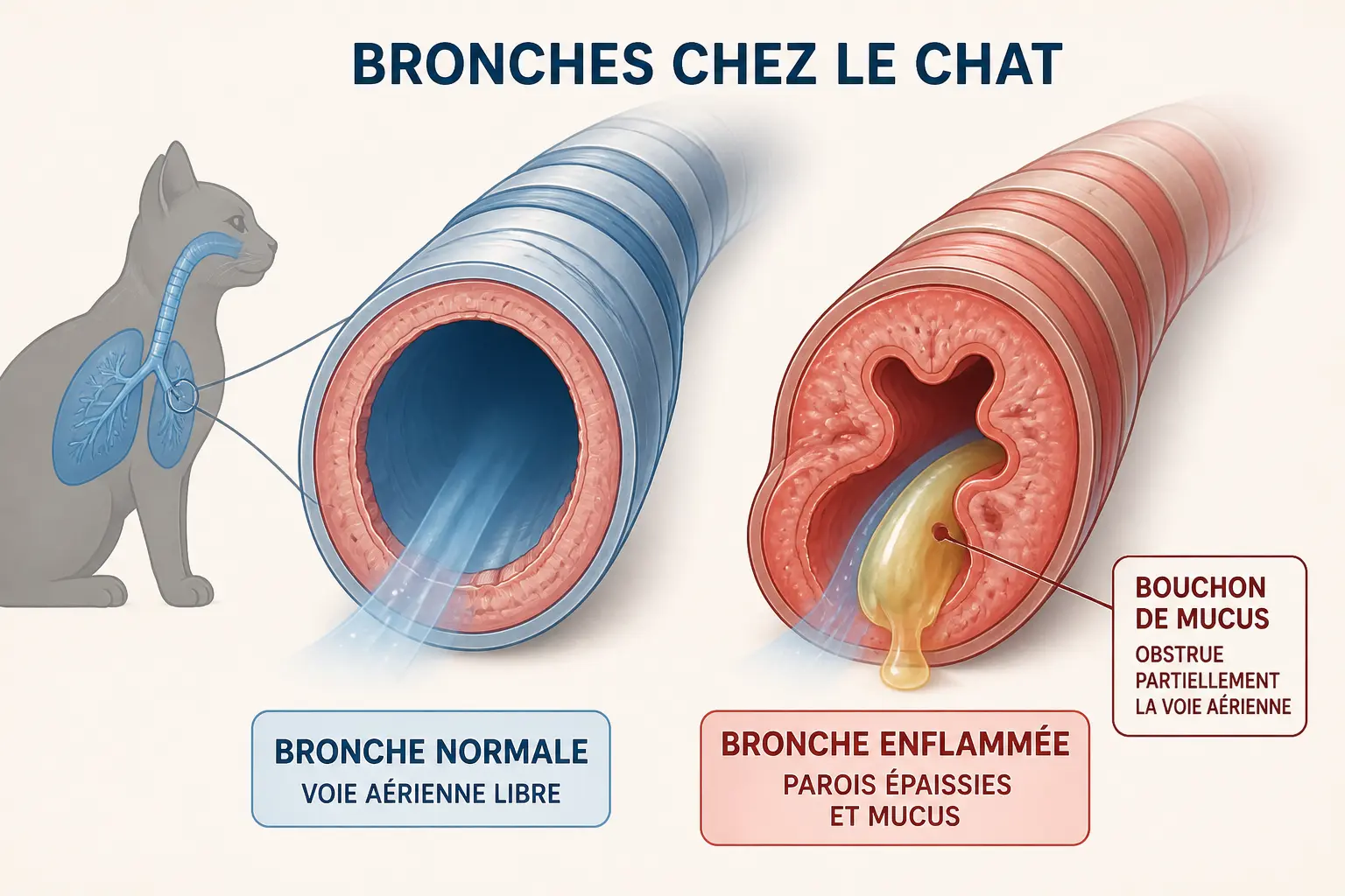 Asthme chat : schéma des bronches d’un chat, avec une voie rétrécie par inflammation et mucus.