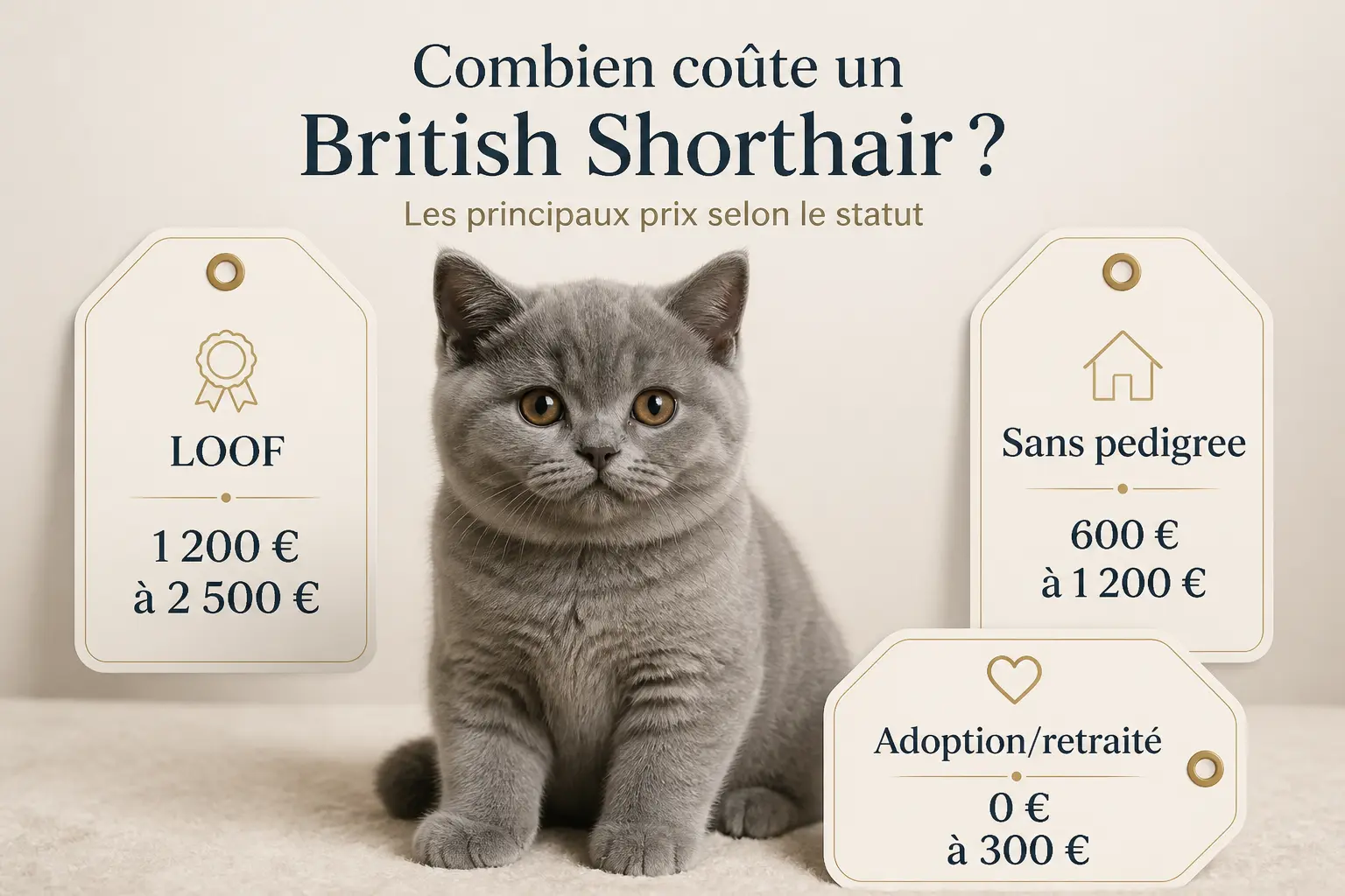 British Shorthair prix : chaton au centre et cartes de prix LOOF, sans pedigree, adoption/retraité