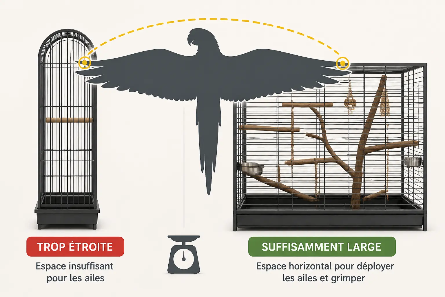 Comparaison de cage pour perroquet : modèle étroit et haut versus cage large adaptée à l’envergure.