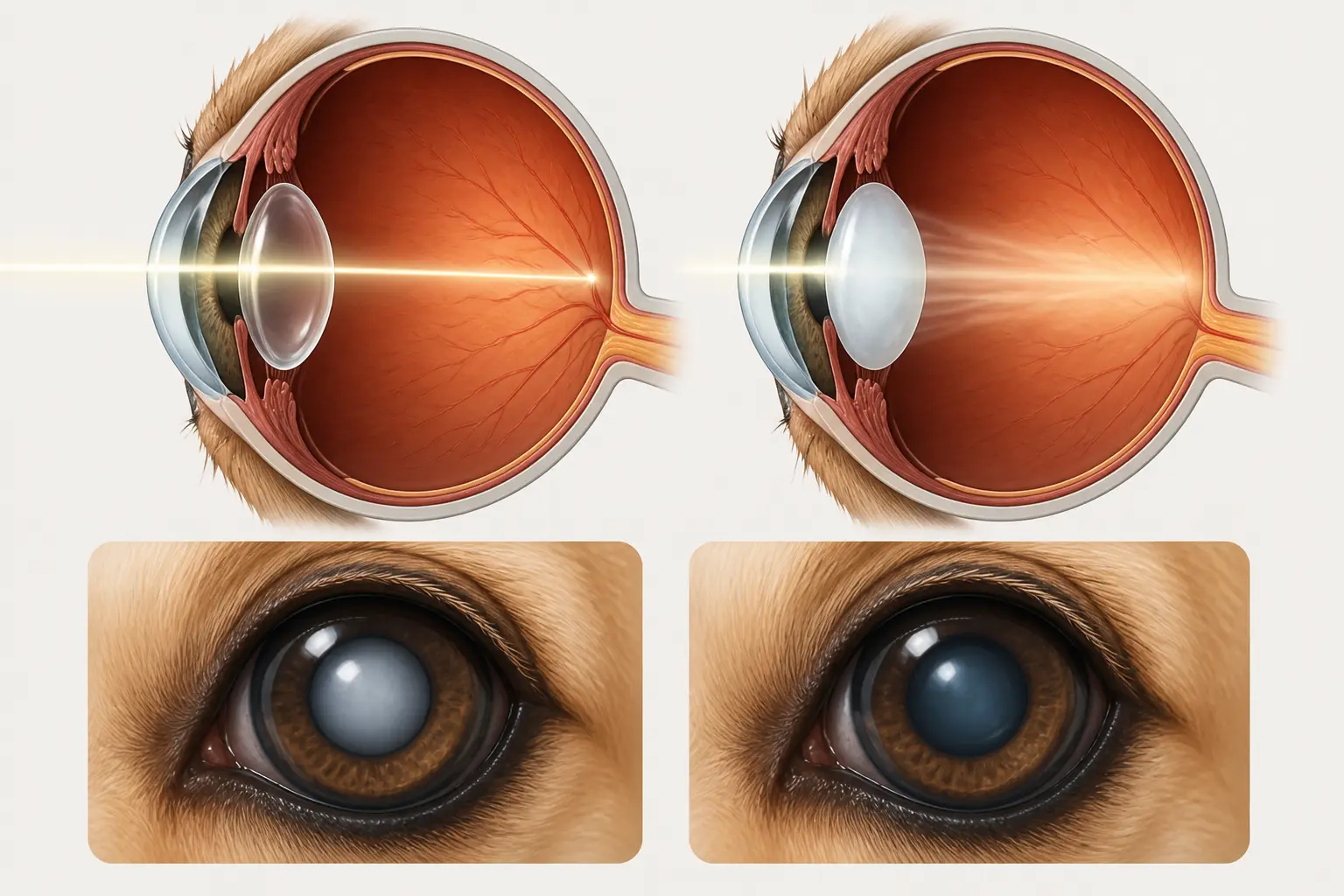 Schéma de cataracte chien montrant un cristallin transparent et un cristallin opaque, avec comparaison à la sclérose nucléaire.