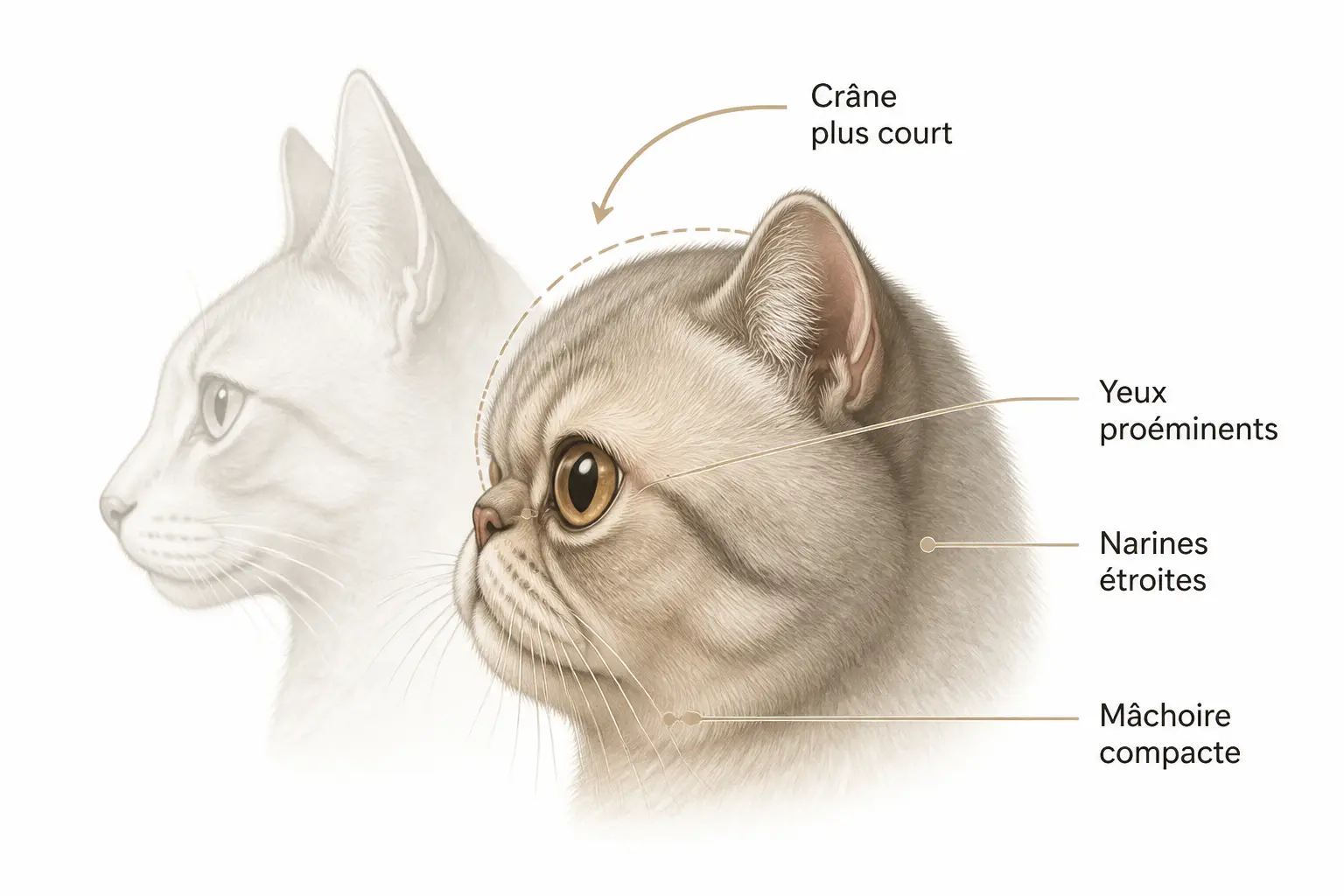 Chat nez écrasé en profil : schéma éducatif montrant crâne court, narines étroites, yeux saillants et mâchoire compacte.