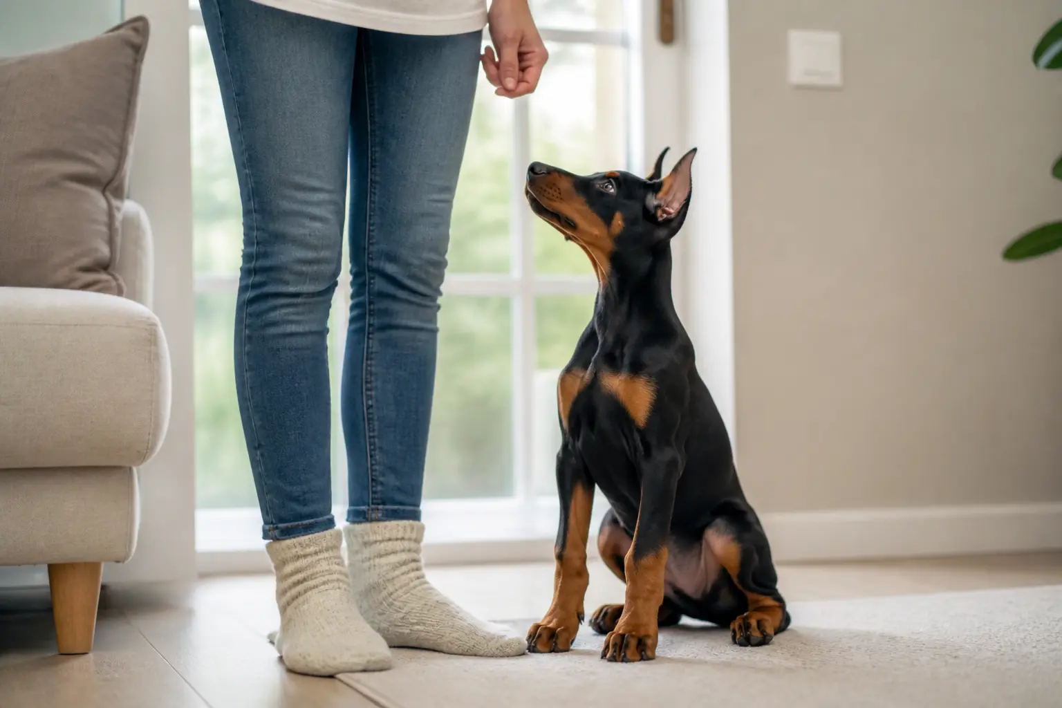 Chiot doberman attentif près de son maître dans un salon lumineux, prêt à suivre ses mouvements.