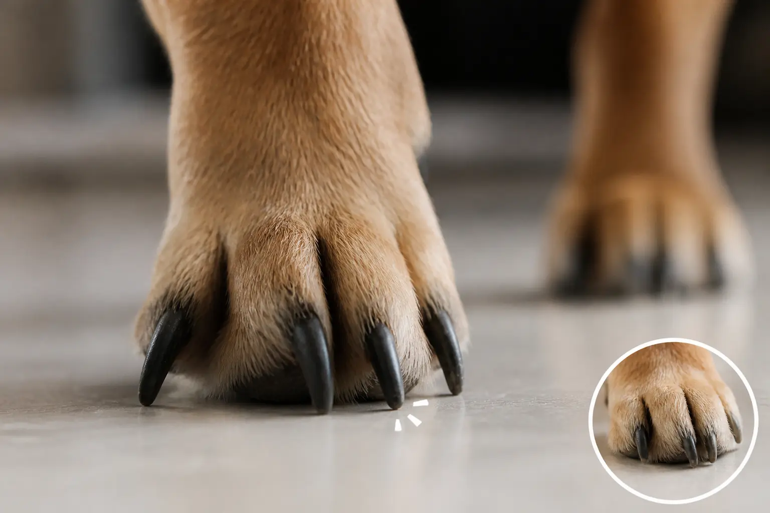 Coupe griffe chien : patte avec griffes trop longues touchant le sol, comparaison avec griffe saine