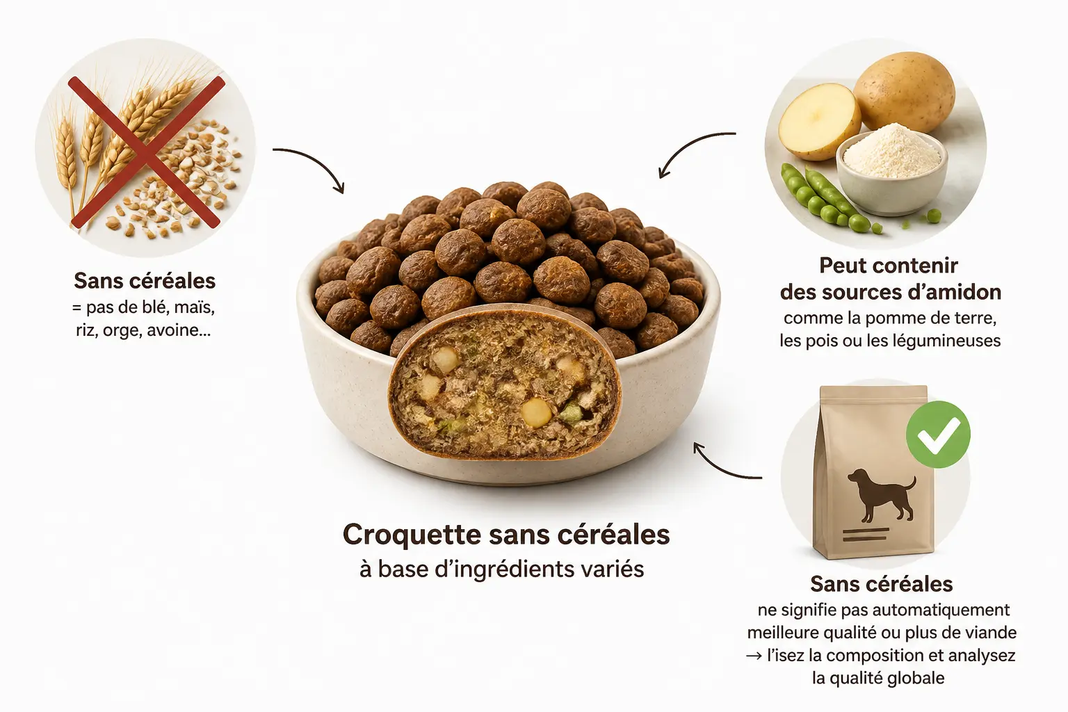 Croquette chien sans cereales : bol de croquettes, grains barrés, source d’amidon et contrôle qualité