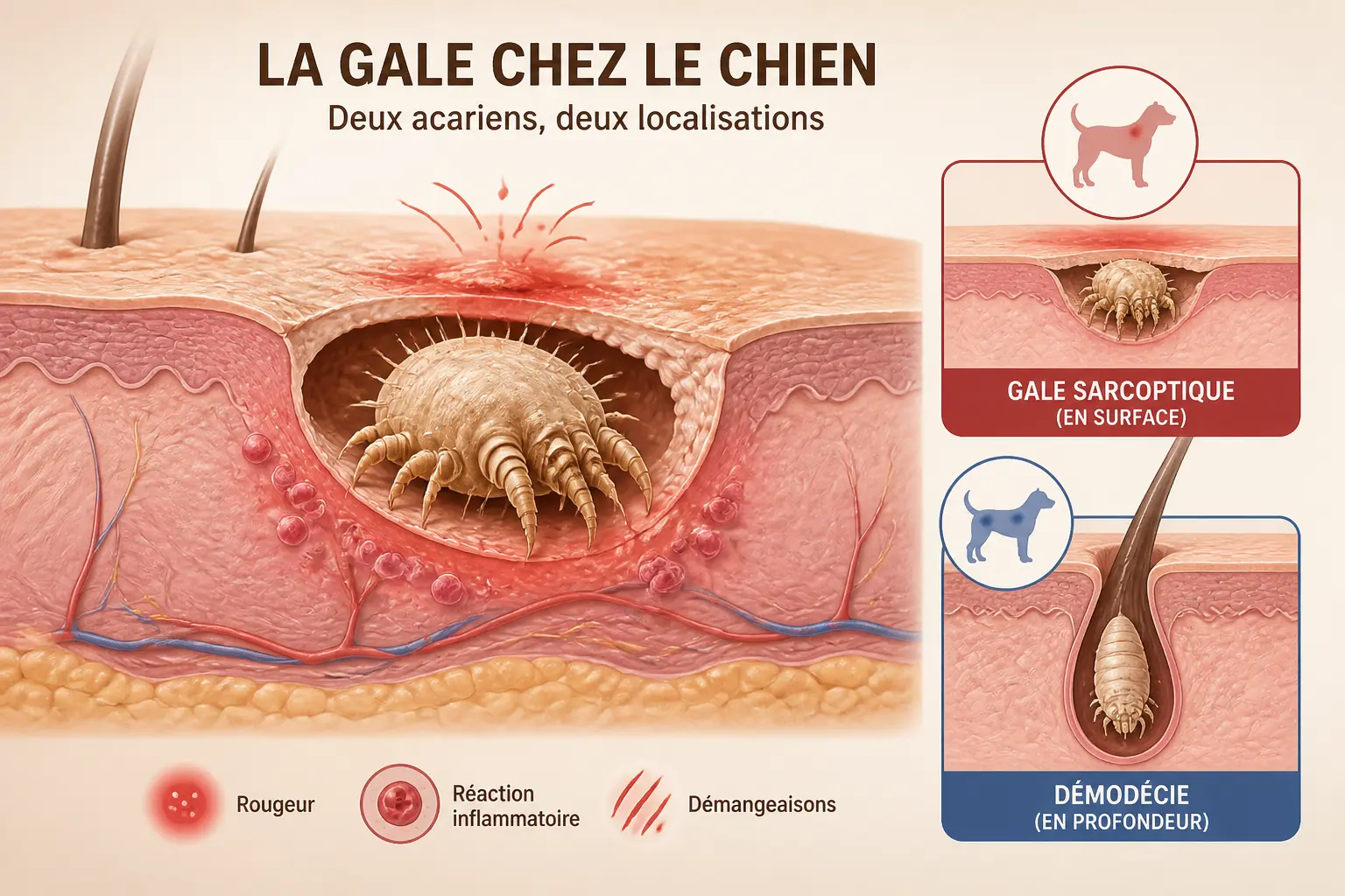 Gale chien : schéma de la peau montrant un acarien, une irritation et la comparaison sarcoptique/démodécie