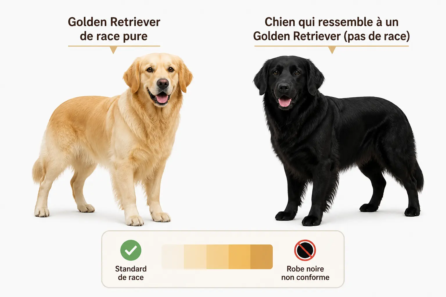 Golden retriever noir : comparaison entre un golden clair, un chien noir ressemblant et un badge de conformité.