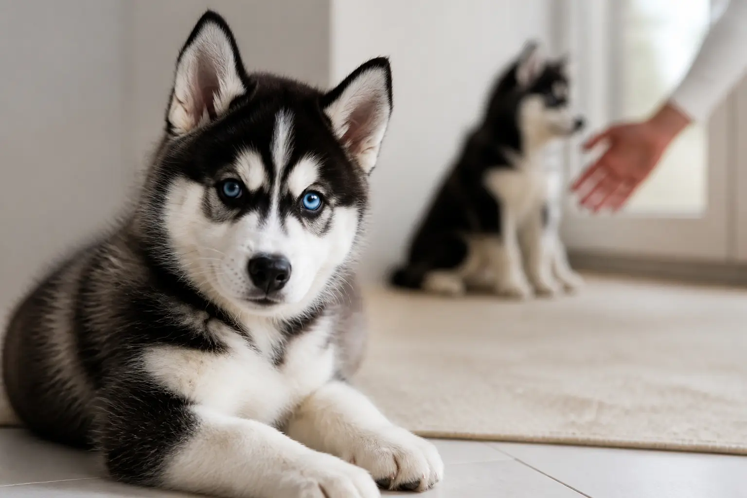 Husky chiot au regard bleu dans un intérieur calme, avec une main tendue et une distance tranquille