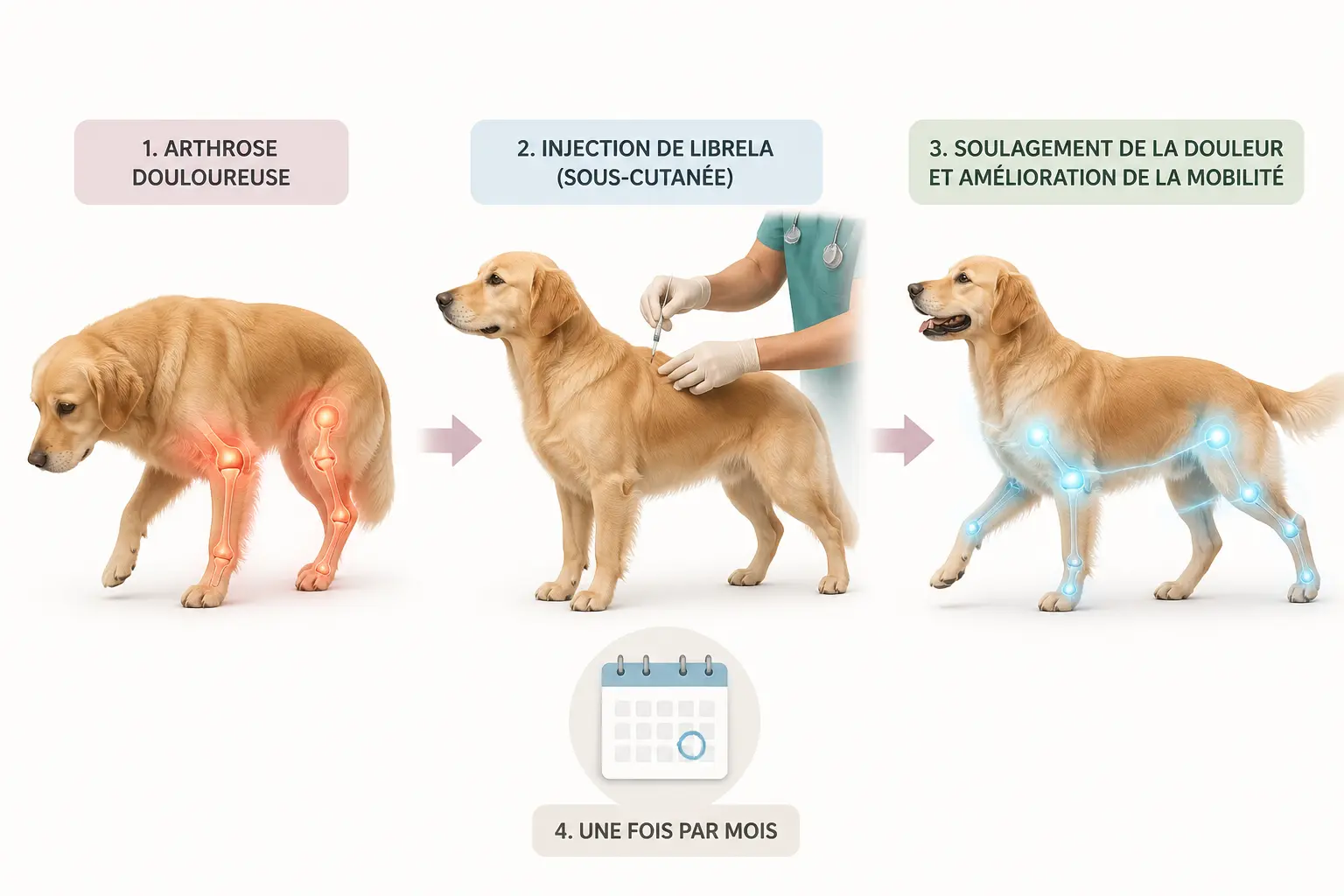 Librela chien : vétérinaire injectant un traitement sous-cutané à un chien, avec soulagement articulaire et rappel mensuel.