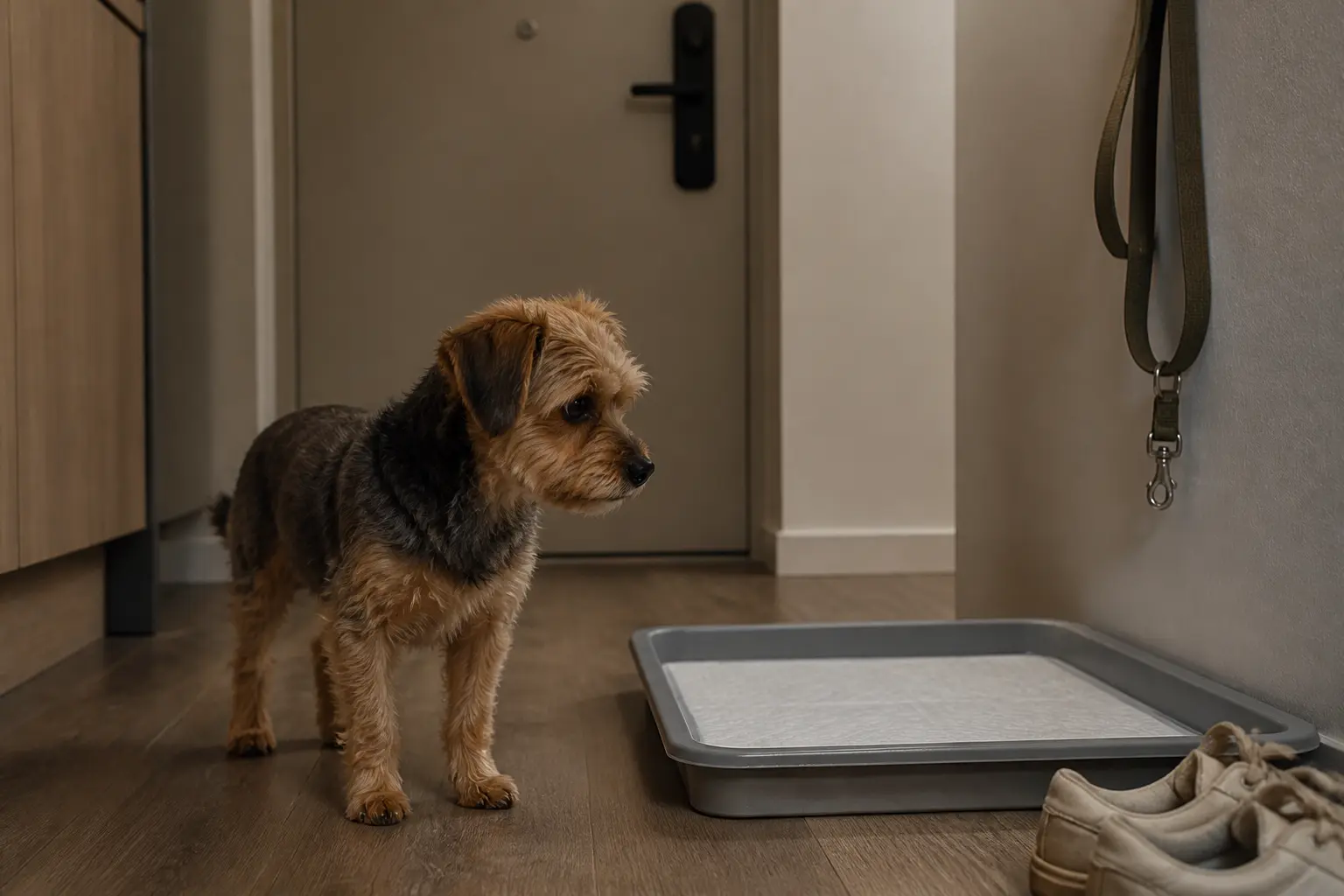 Litiere pour chien dans une entrée d’appartement, avec chien calme, laisse et porte en arrière-plan.
