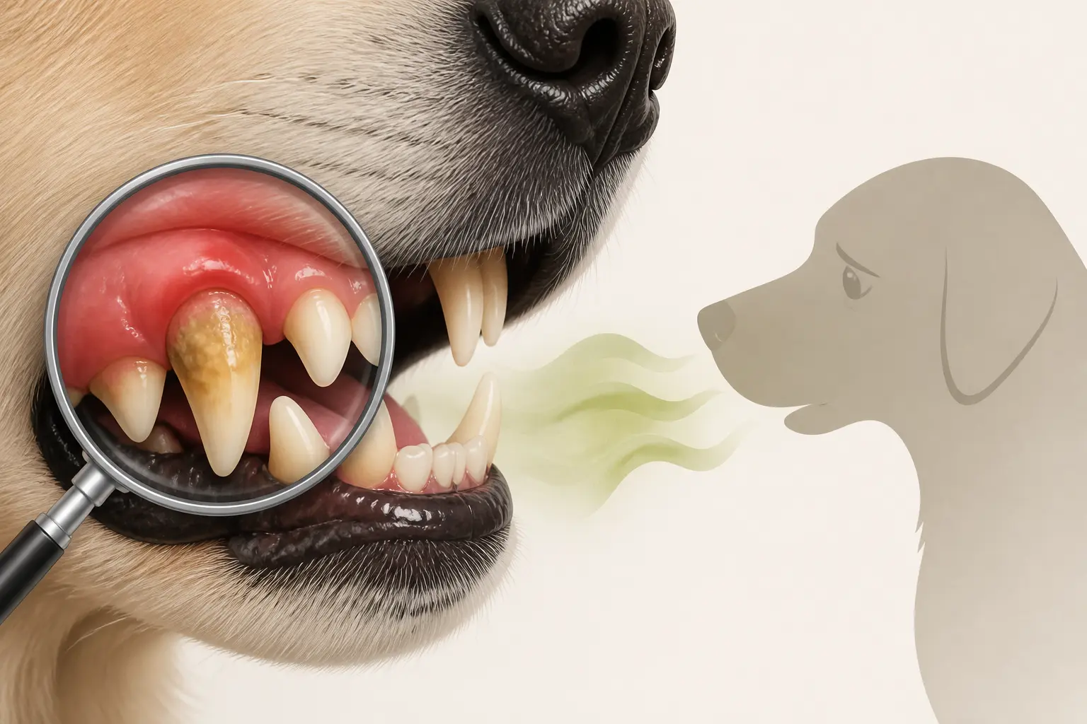 Mauvaise haleine chien : gros plan sur la bouche, gencive irritée, tartre visible et loupe vétérinaire.