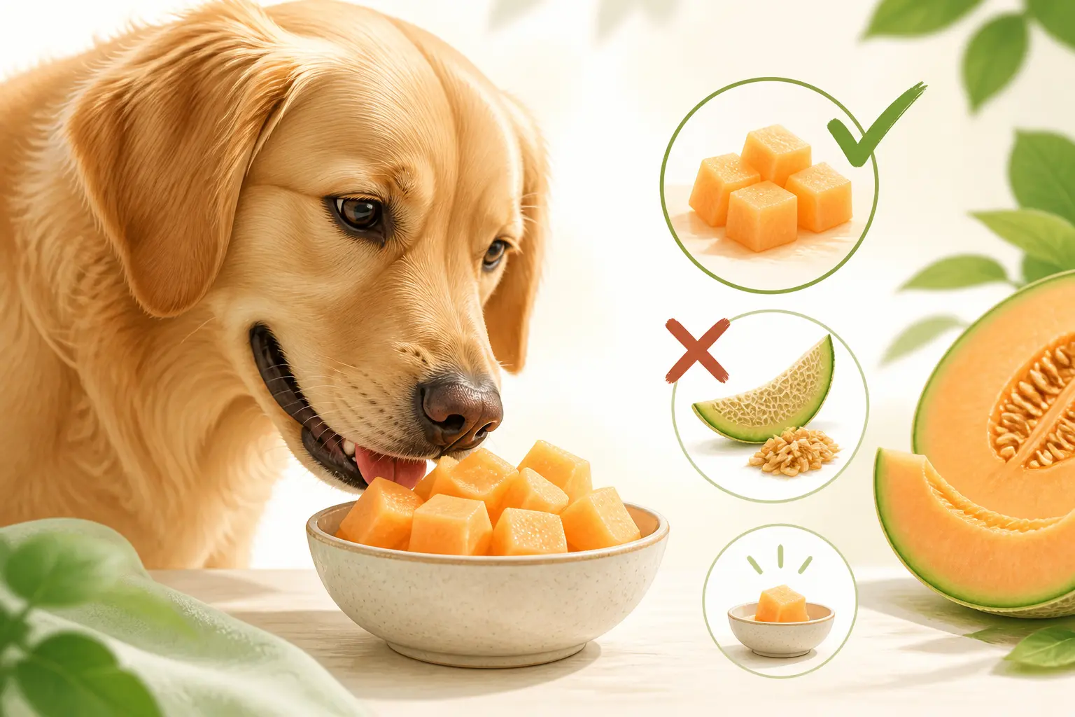Chien curieux reniflant un bol de melon chien en cubes, avec peau et pépins barrés, portion modérée