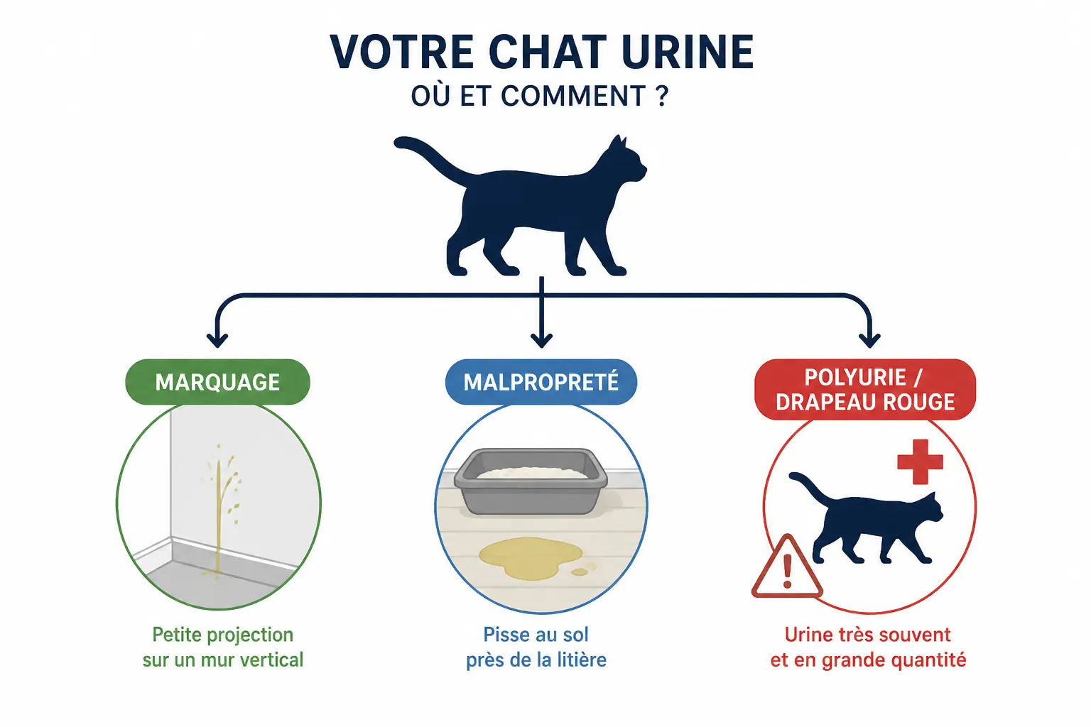 Mon chat fait pipi partout : schéma vétérinaire montrant marquage, malpropreté et polyurie.