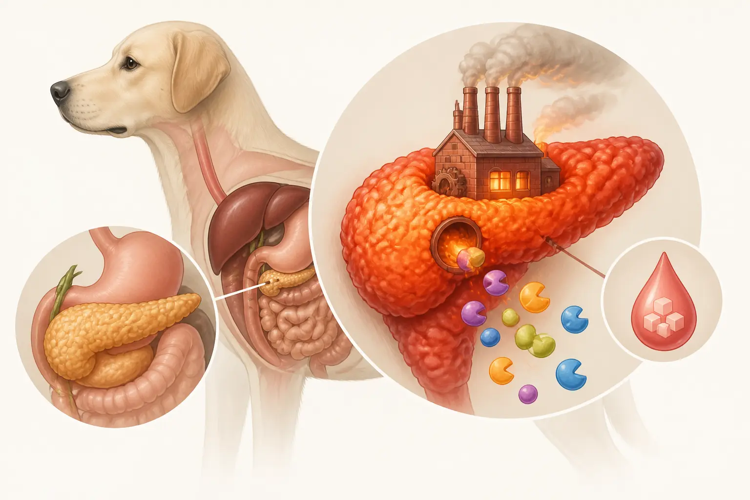 Pancréatite chien : illustration du pancréas canin en inflammation, avec enzymes digestives et hormones.