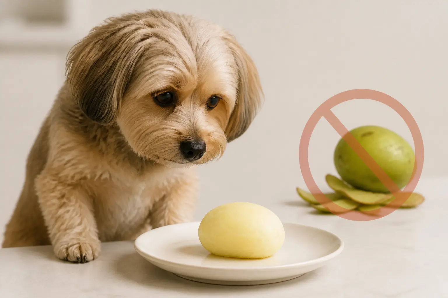Petit chien près d’une pomme de terre chien cuite et pelée, avec pomme de terre crue barrée en arrière-plan.