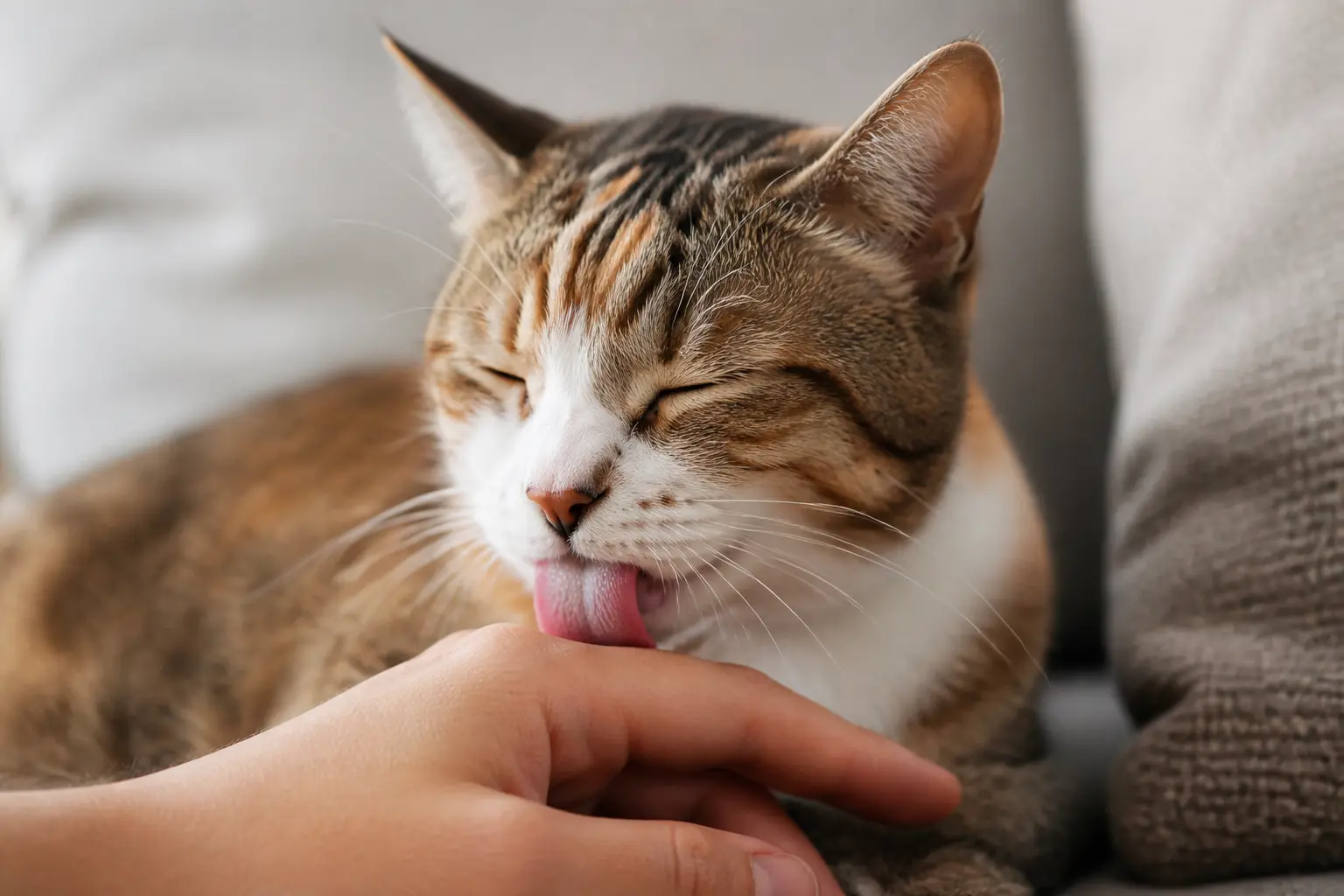 Pourquoi mon chat me lèche : chat domestique léchant doucement la main de son humain sur un canapé.