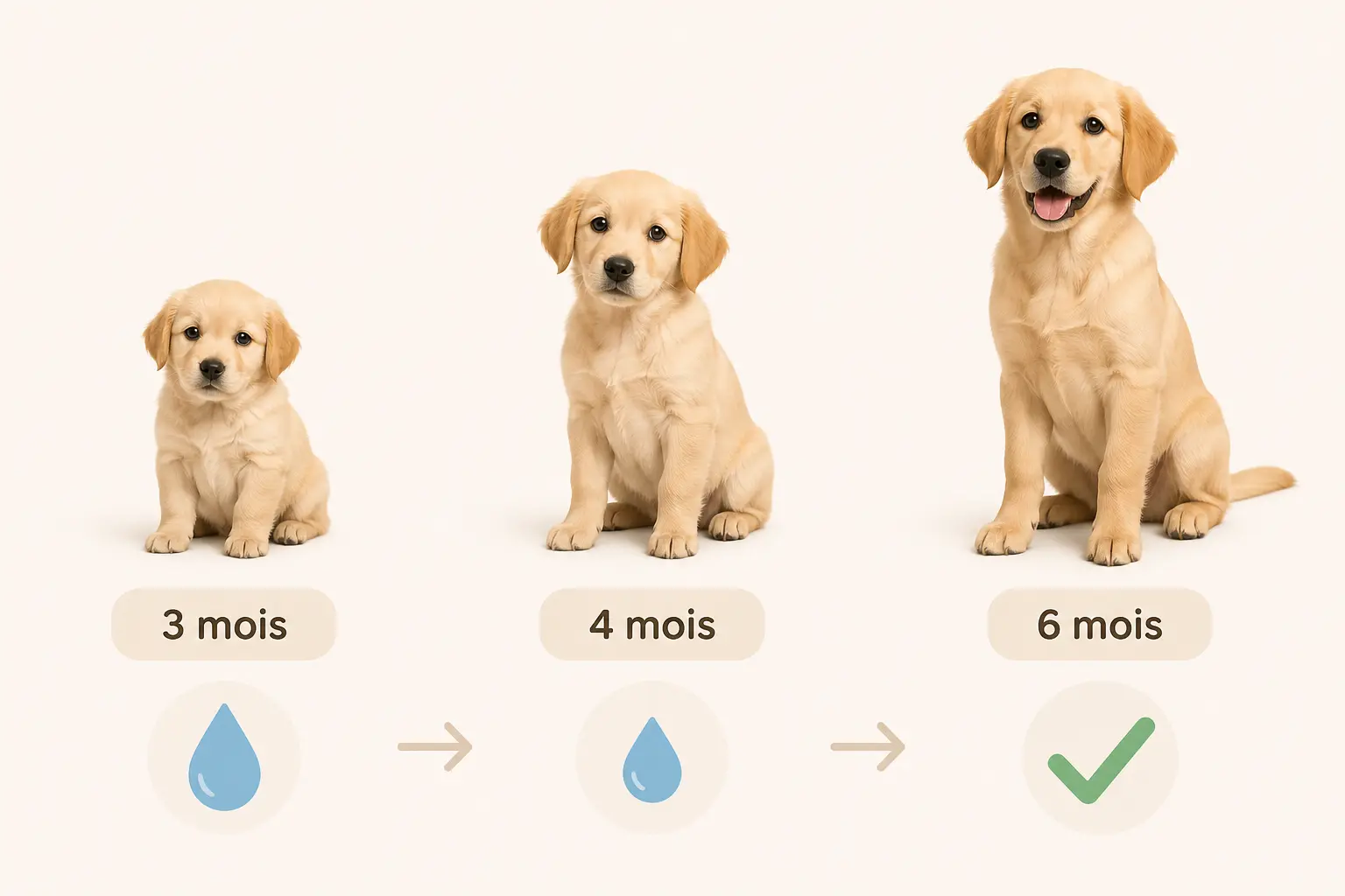Propreté chiot : infographie montrant un chiot de 3, 4 et 6 mois avec progrès de contrôle urinaire.