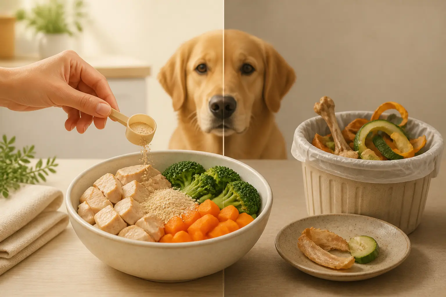 Ration ménagère chien : bol équilibré avec protéines, légumes et complément, face aux restes improvisés.