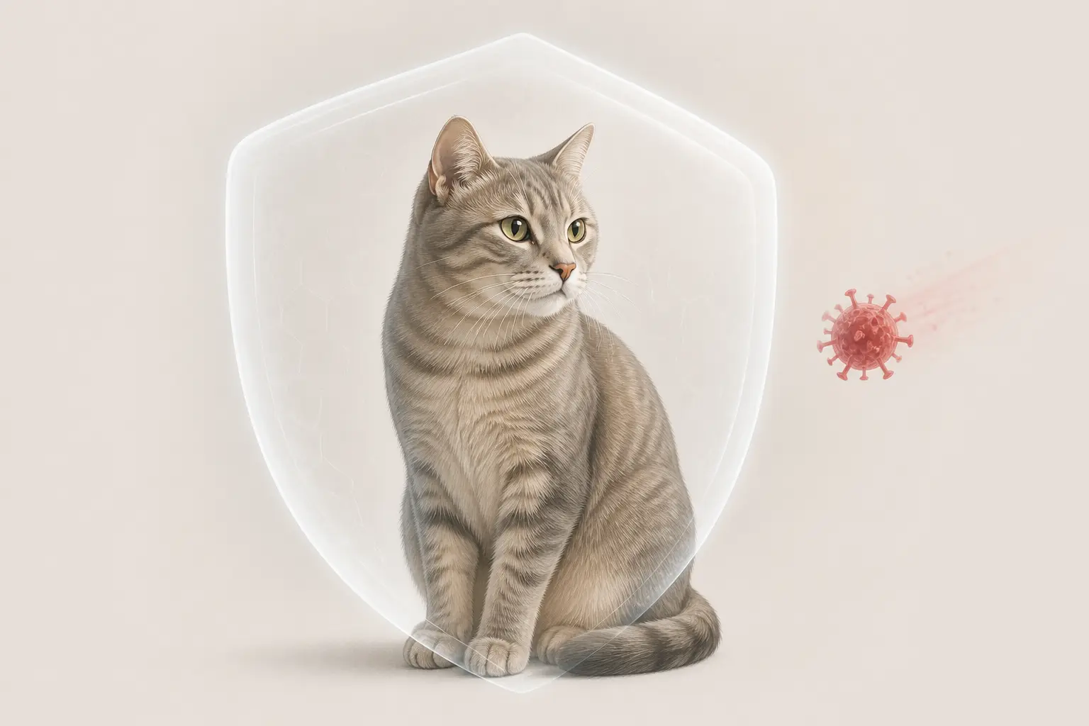 Chat domestique avec bouclier immunitaire translucide et virus approchant, illustrant le sida du chat