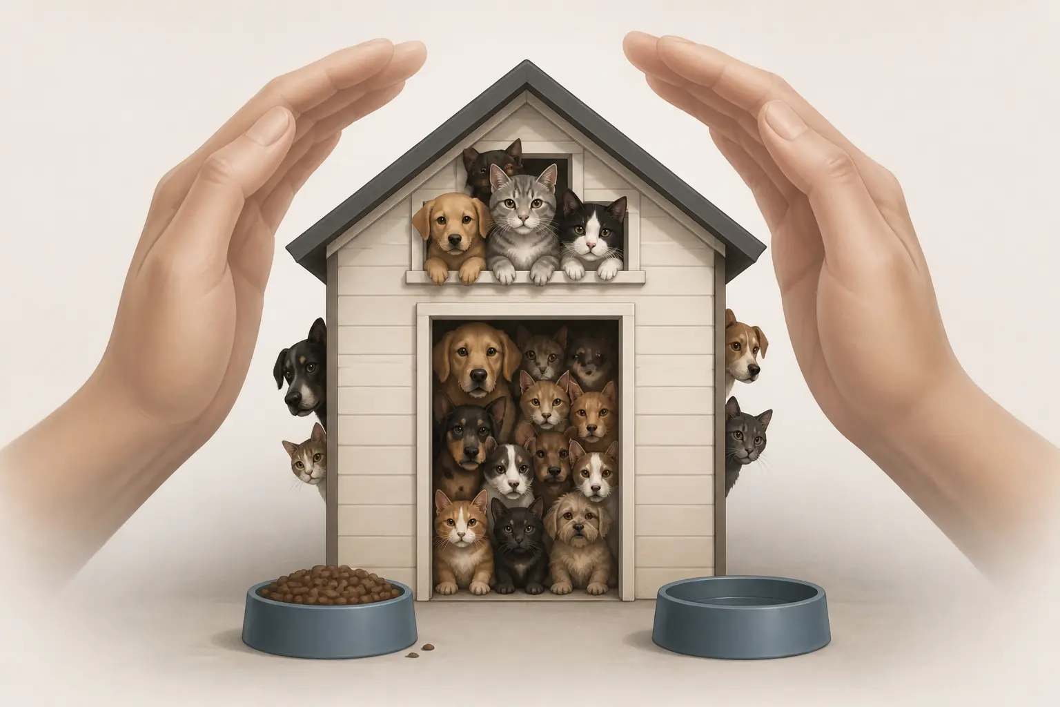 Syndrome de Noé : petite maison débordant d’animaux, avec bols de nourriture et main protectrice dépassée.