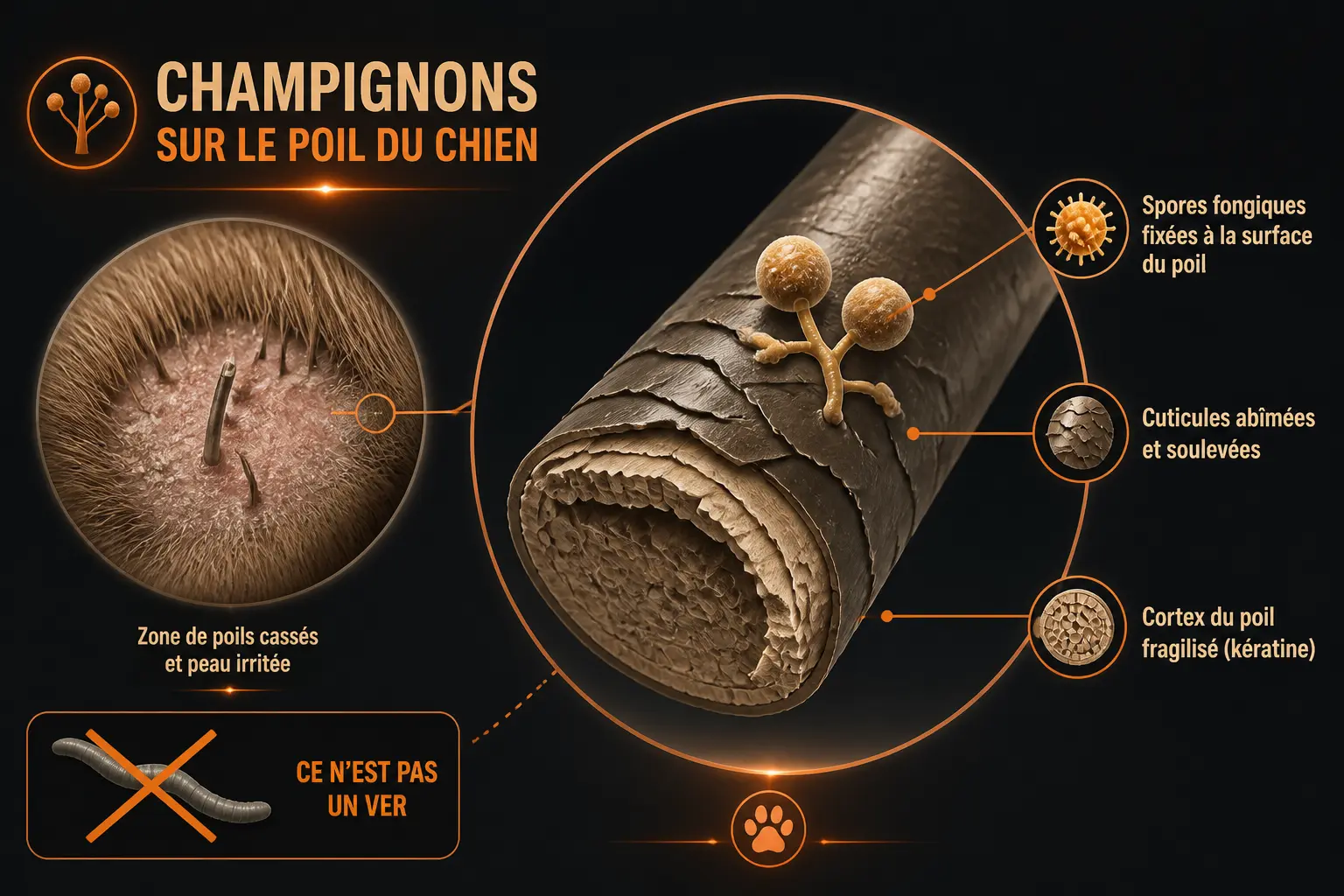 Teigne du chien : schéma vétérinaire montrant des spores fongiques sur un poil cassé et une peau atteinte.