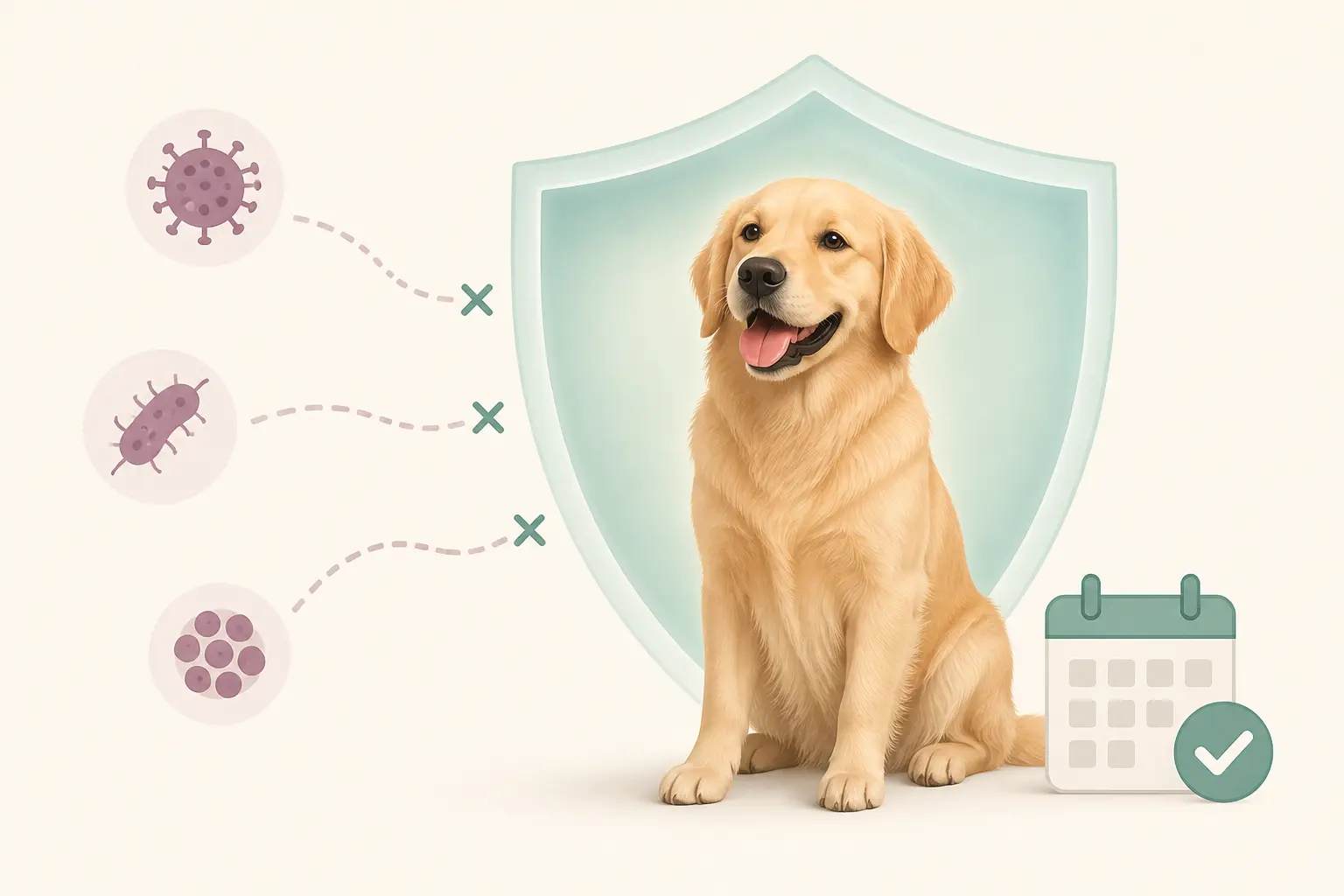 Vacciner un chien : un chien protégé par un bouclier, avec risques infectieux stoppés et calendrier de prévention.