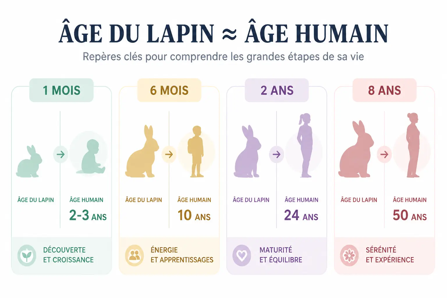 Tableau clair d’âge lapin en humain avec 4 repères : 1 mois, 6 mois, 2 ans et 8 ans.