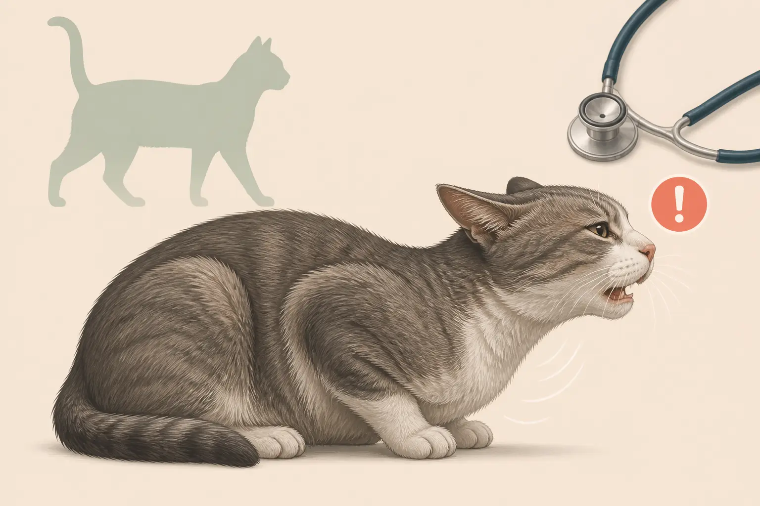 Chat en crise d’asthme, posture basse, respiration difficile, avec un chat sain en silhouette.