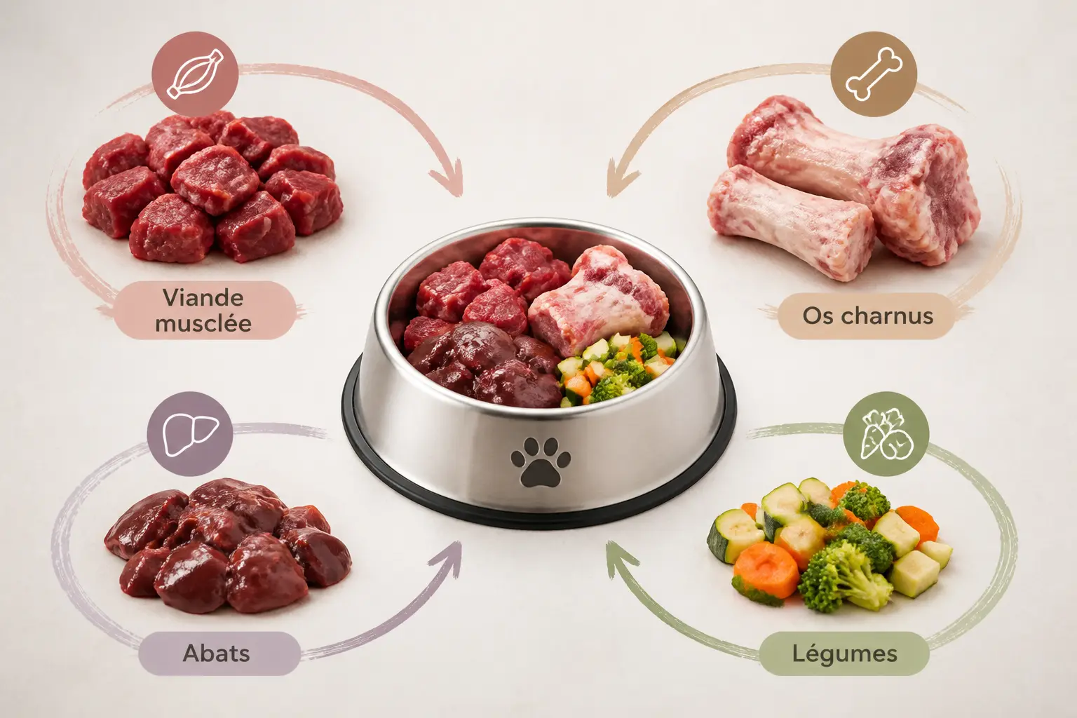 Ration barf chien équilibrée : viande crue, os charnu, abats et légumes en portions séparées