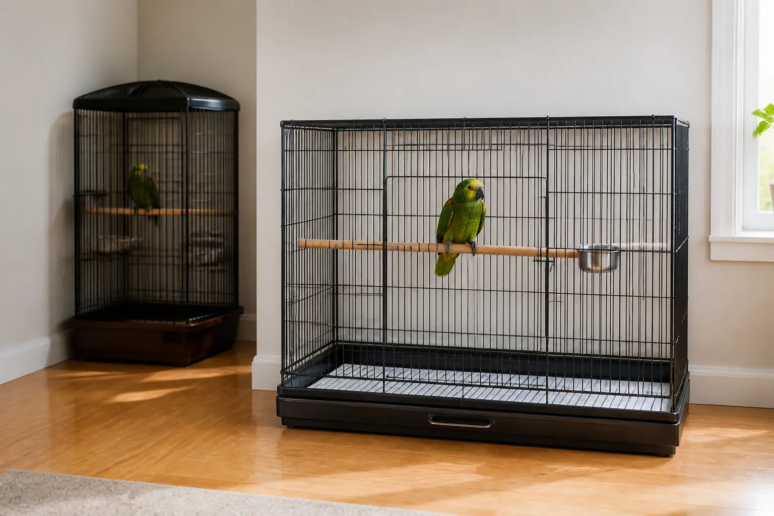 Cage pour perroquet rectangulaire spacieuse, comparée à une cage d’angle plus étroite, en intérieur lumineux