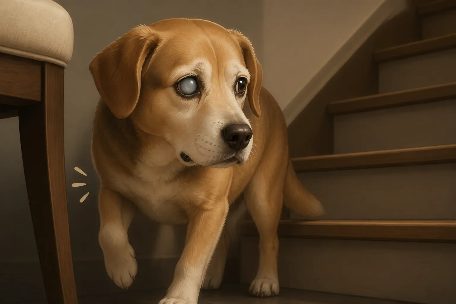 Cataracte chien : un chien hésite près d’un escalier, avec un œil légèrement voilé et un choc contre une chaise.