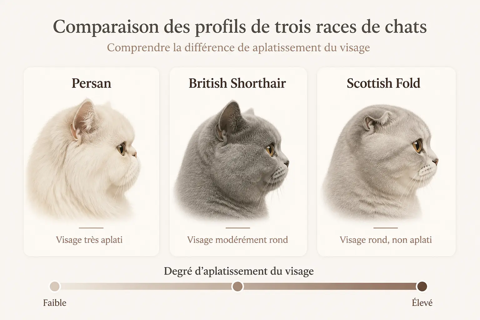 Comparaison de trois chats au chat nez écrasé : Persan, British Shorthair et Scottish Fold