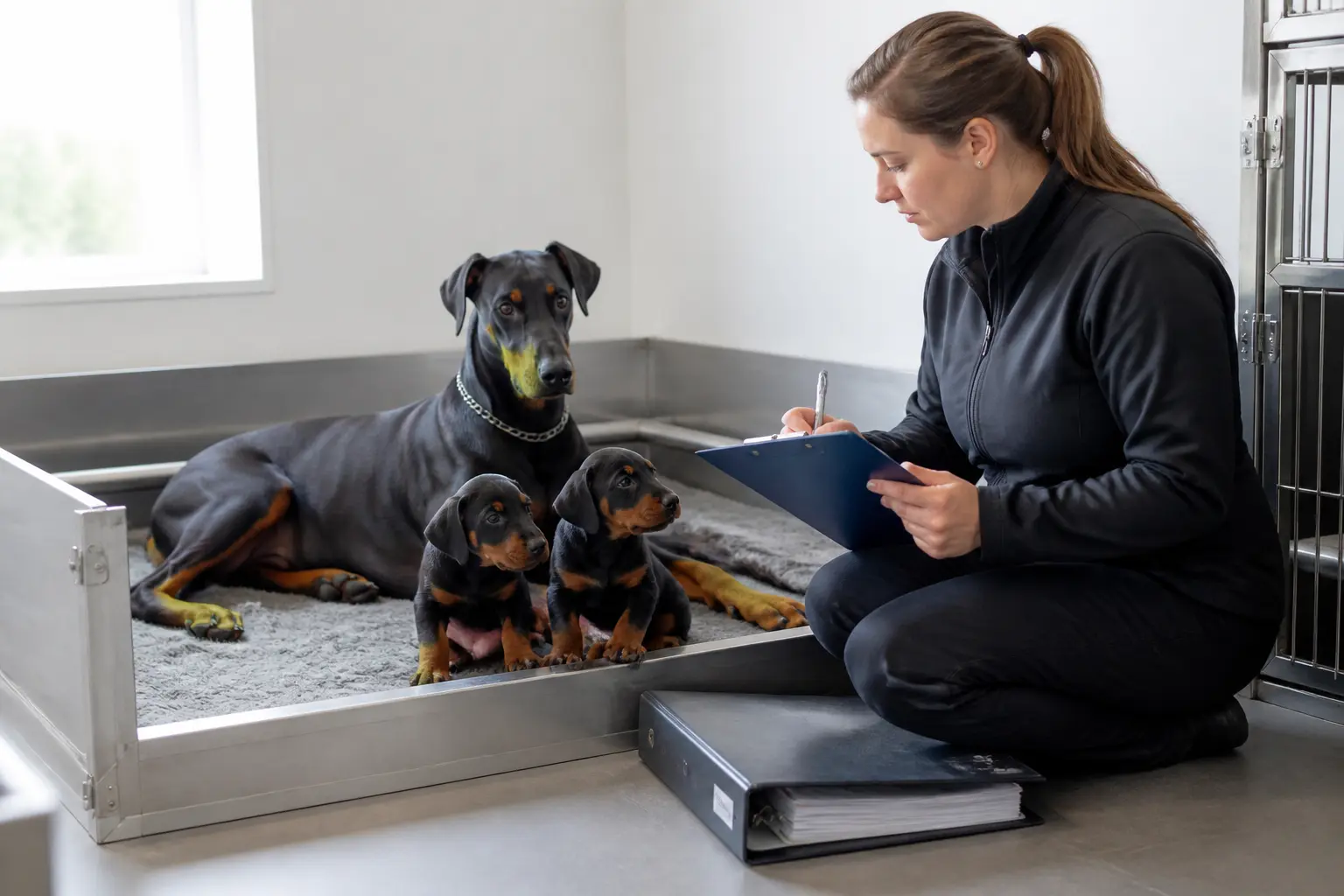 Chiot doberman avec un éleveur sérieux présentant une portée saine dans un élevage propre et lumineux.