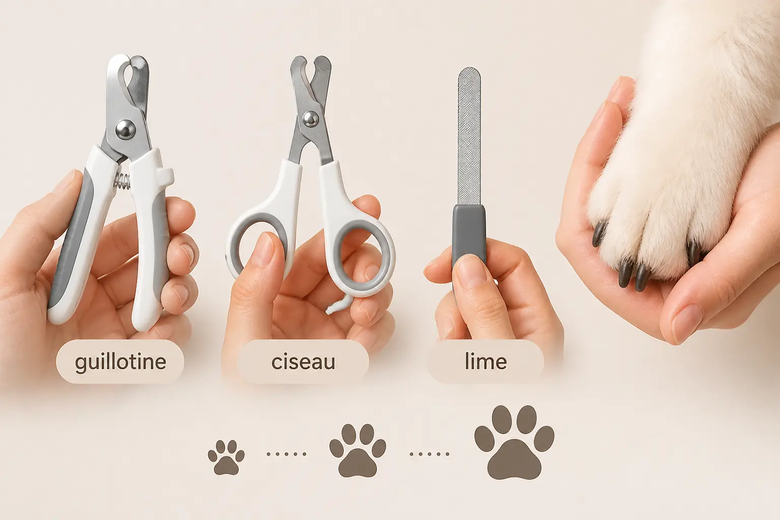 Coupe griffe chien : comparaison d’un coupe-griffes guillotine, ciseau et lime avec pattes de tailles différentes.