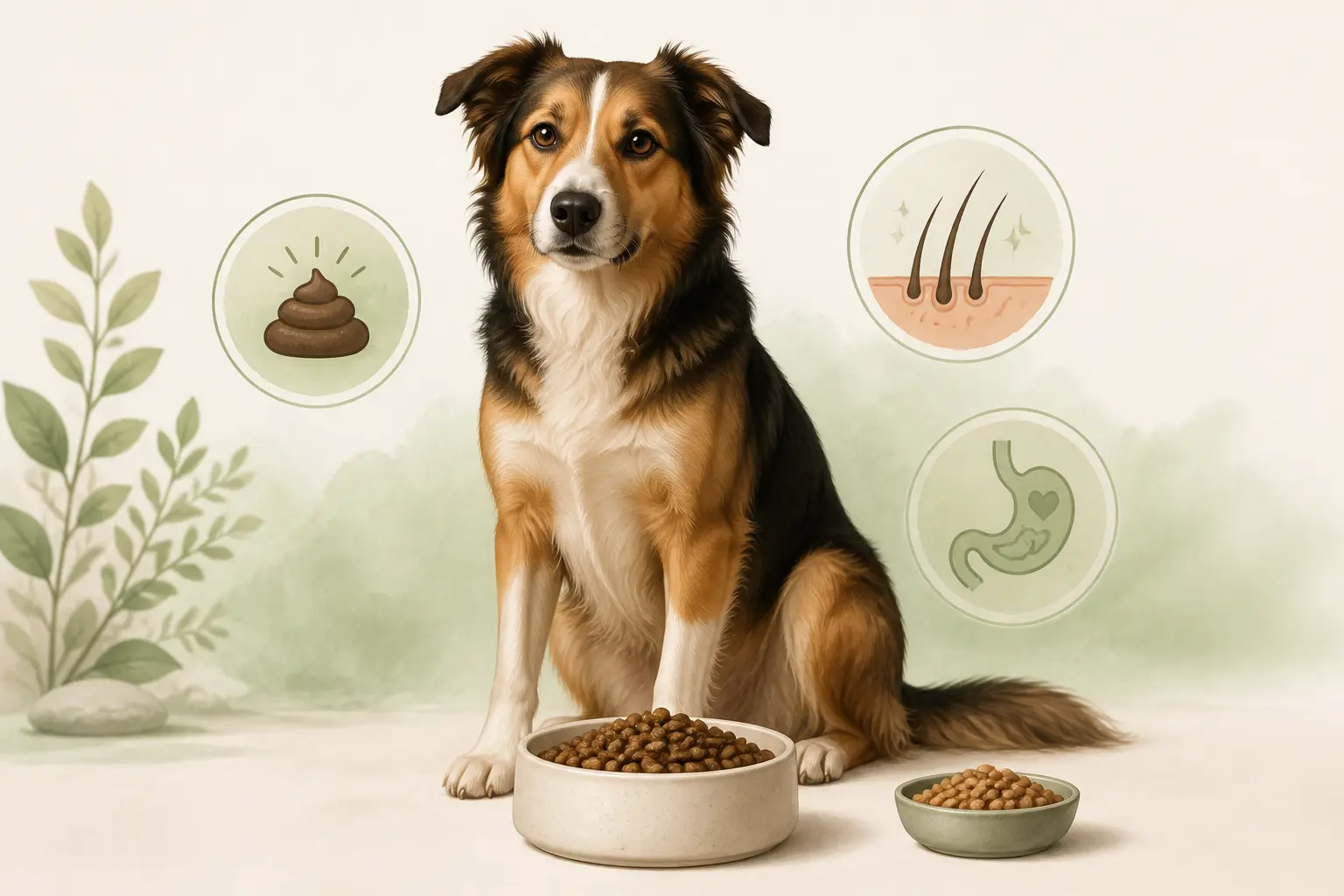 Chien en bonne santé près d’une croquette chien sans cereales, avec icônes de digestion, pelage et selles