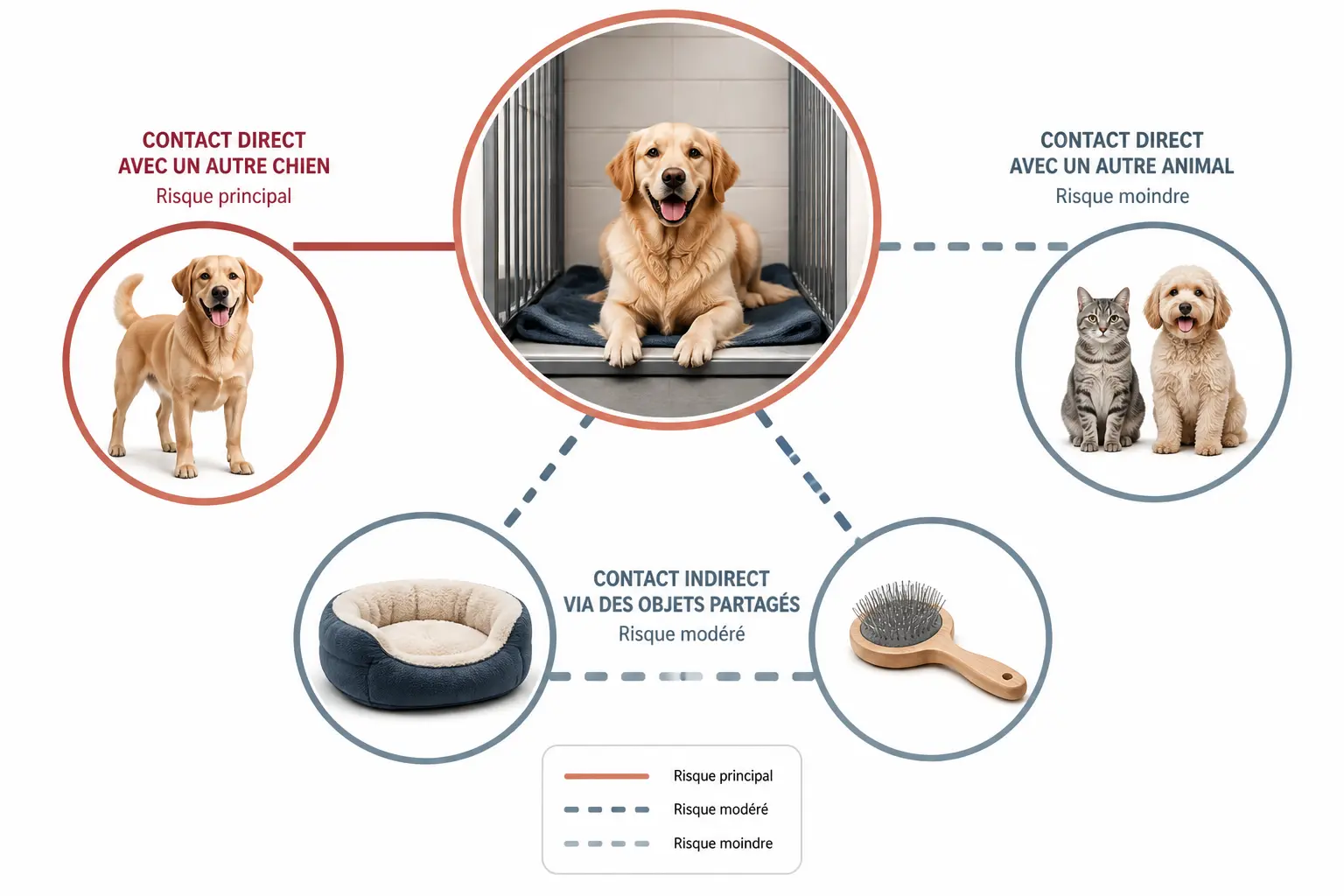 Gale chien : schéma montrant la transmission par contact direct, panier partagé et brosse, avec un autre chien et un chat.