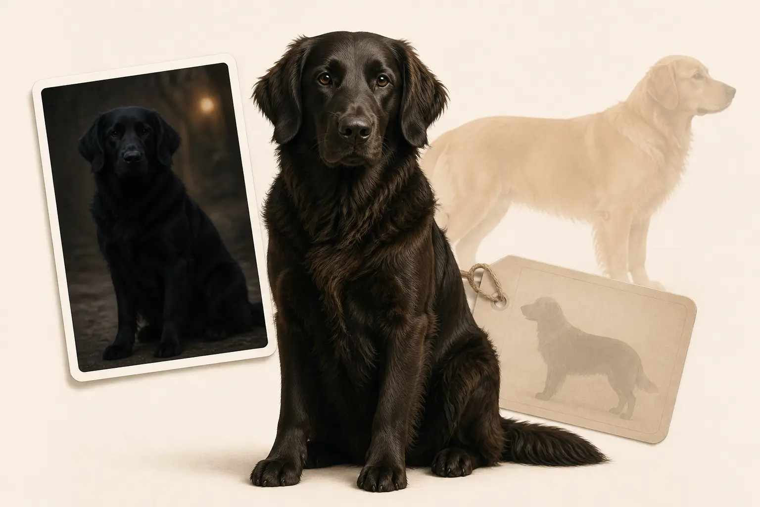 Golden retriever noir stylisé au centre, avec photo sombre trompeuse et silhouette d’un vrai Golden Retriever