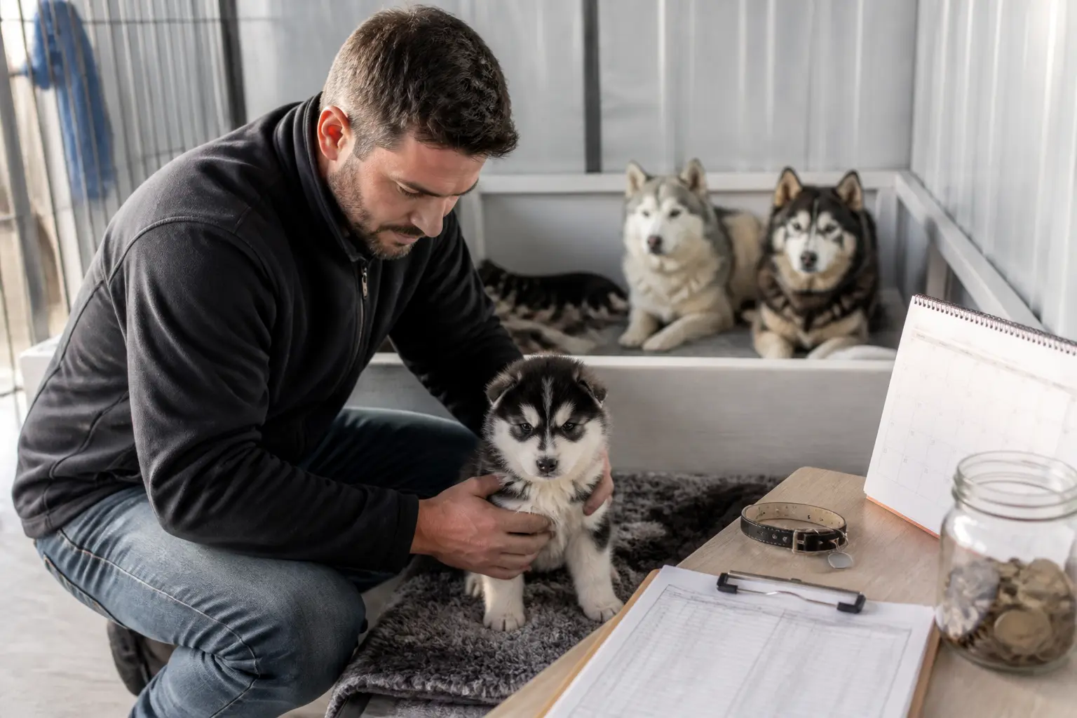 Husky chiot chez un éleveur sérieux, avec documents santé, calendrier et budget visibles