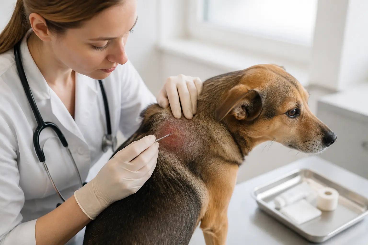Vétérinaire examinant une rougeur cutanée chez un chien, contexte de prescription du kesium chien