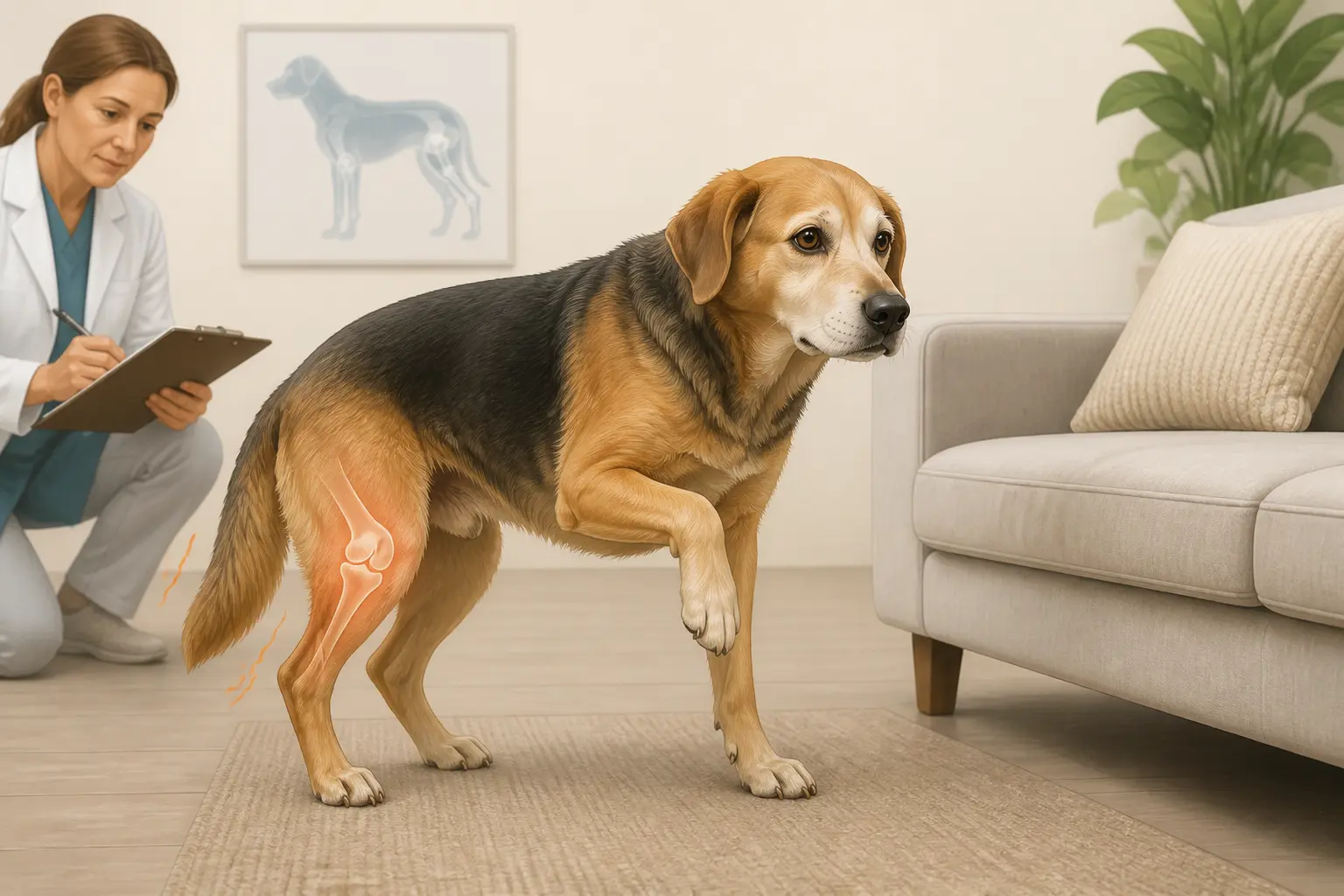 Chien atteint d’arthrose avec raideur au lever, hésitation à sauter et posture prudente, librela chien