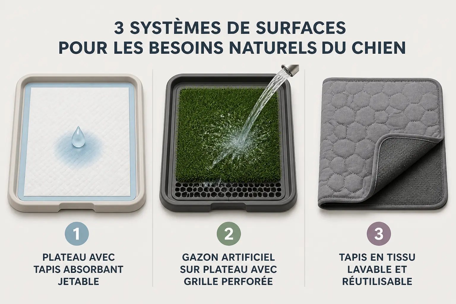 Comparatif de litiere pour chien : alèse absorbante, gazon artificiel et tapis lavable en usage.