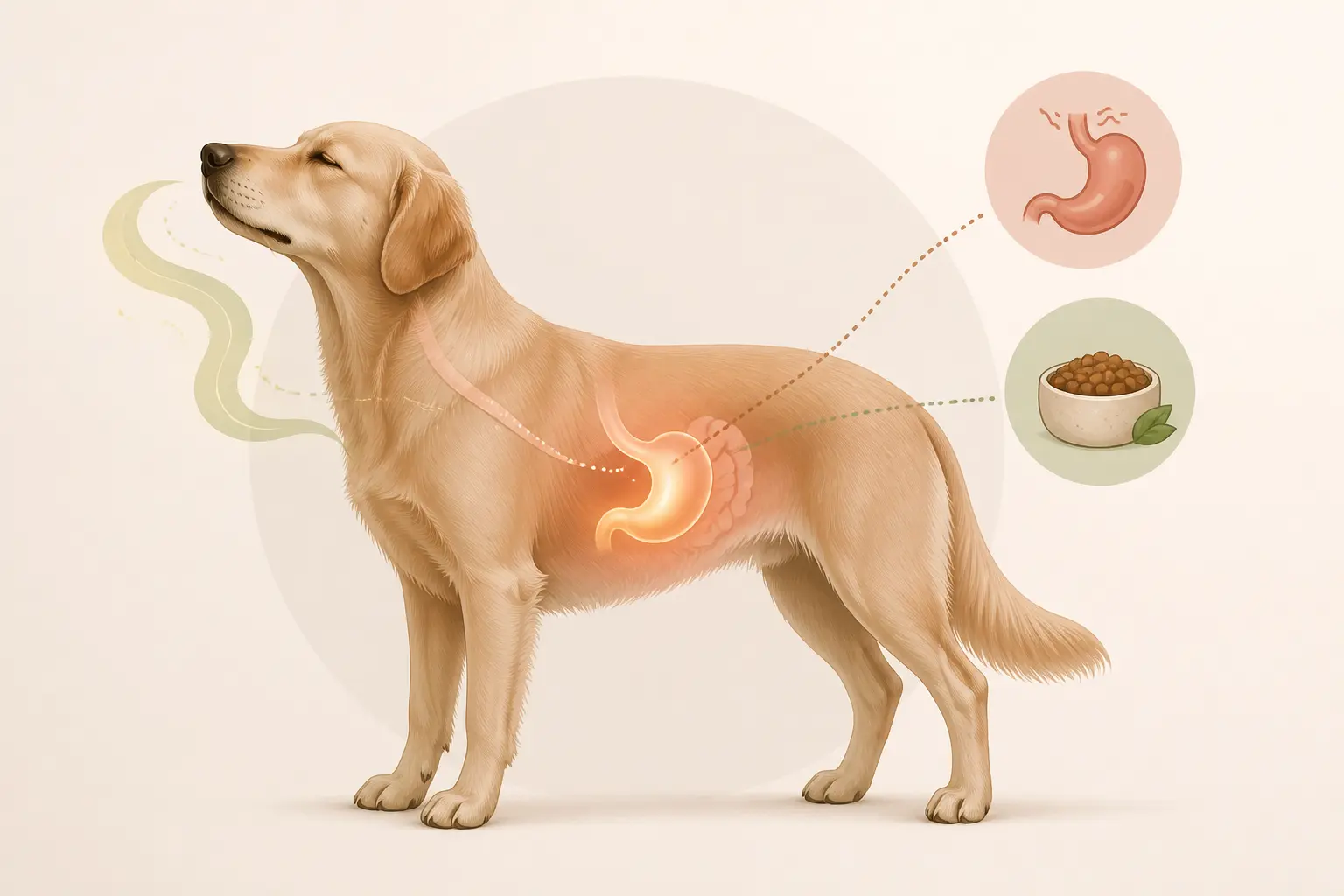 Mauvaise haleine chien : illustration d’un chien calme avec odeur liée à l’estomac et au système digestif.