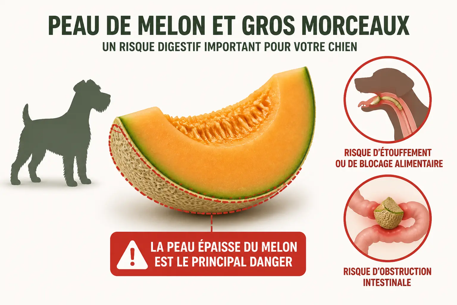 Melon chien : schéma vétérinaire des risques digestifs liés à la peau et aux gros morceaux, avec alertes étouffement et obstruction.