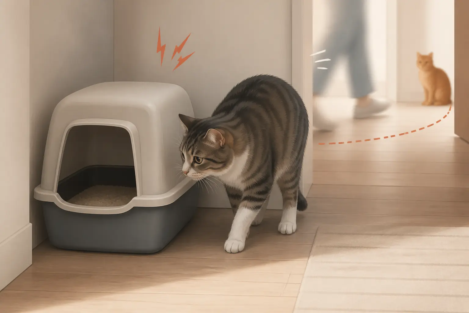 Mon chat fait pipi partout : chat hésitant près d’un bac à litière étroit dans un couloir bruyant